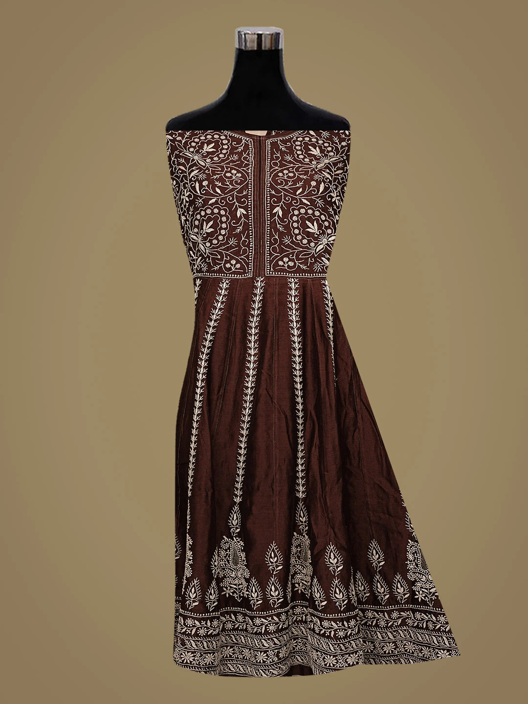 Ada Hand Embroidered Brown Chanderi Lucknowi Chikankari Semi-Stitched Kurta Dupatta Set With Zari Work 01A264074