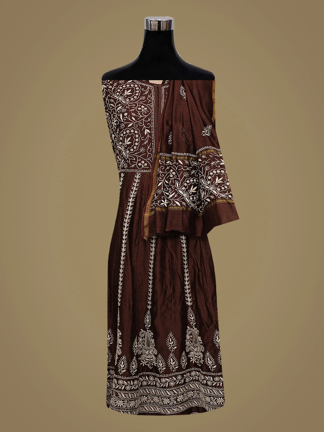 Ada Hand Embroidered Brown Chanderi Lucknowi Chikankari Semi-Stitched Kurta Dupatta Set With Zari Work 01A264074