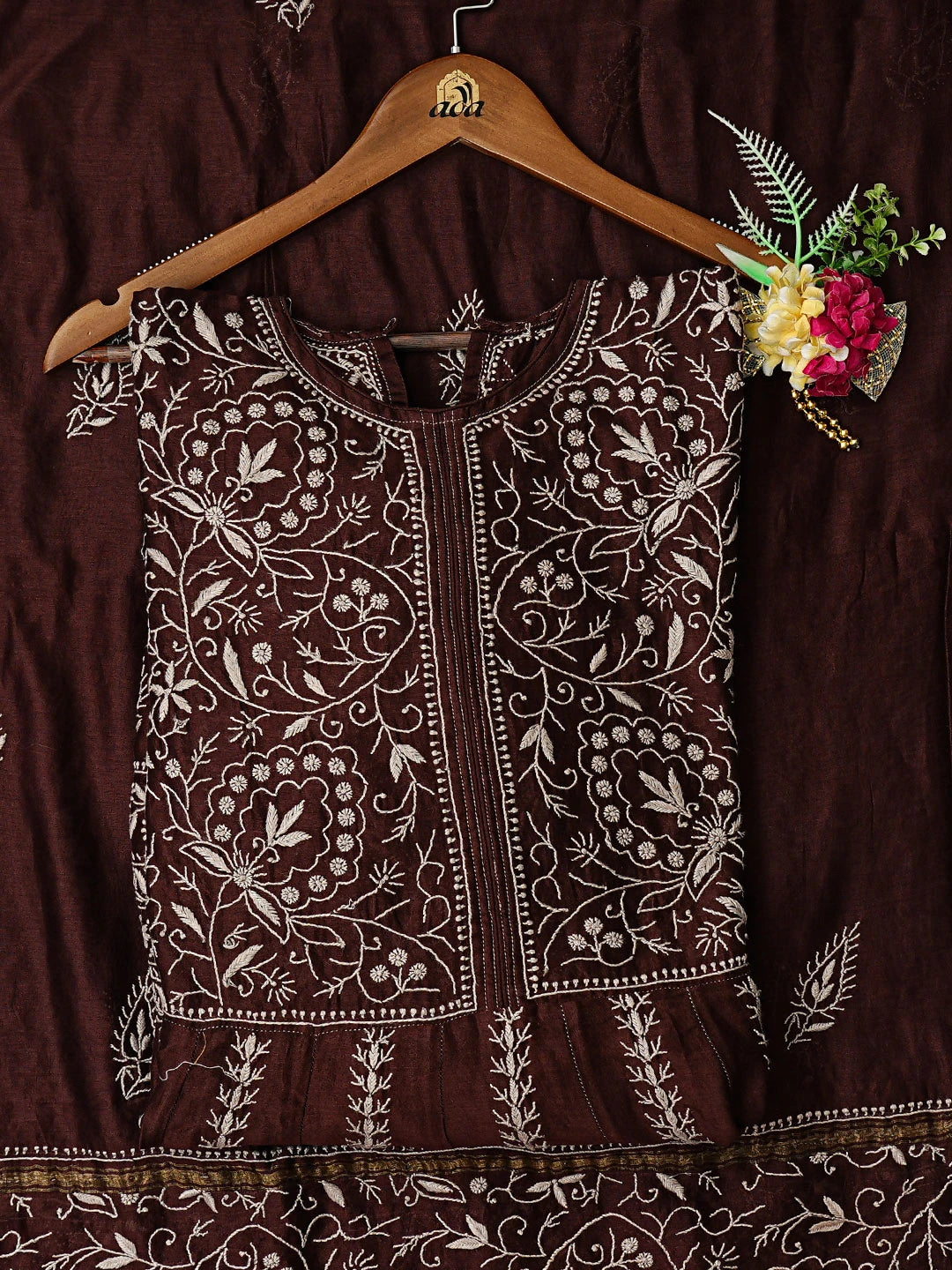 Ada Hand Embroidered Brown Chanderi Lucknowi Chikankari Semi-Stitched Kurta Dupatta Set With Zari Work 01A264074