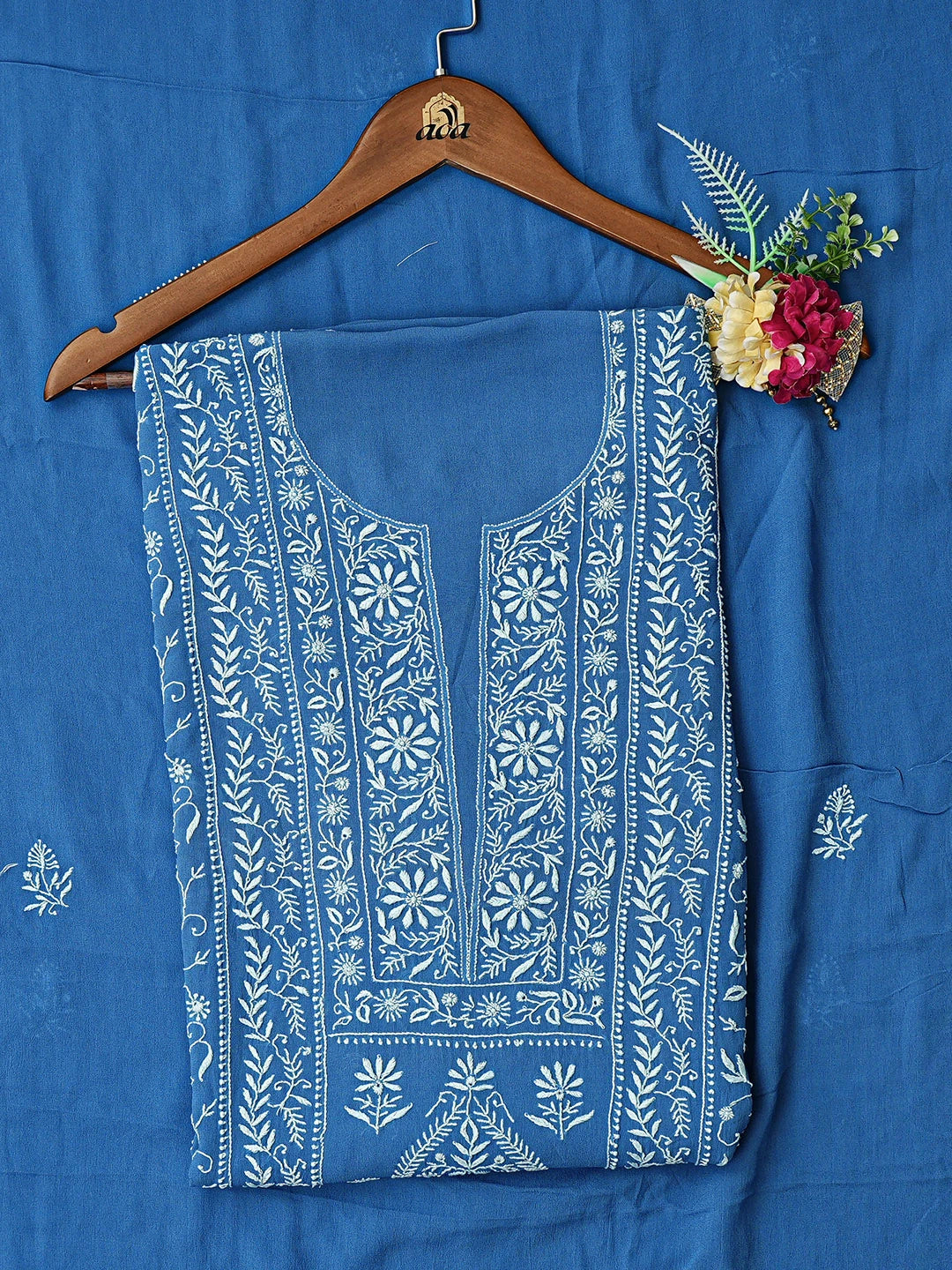 Ada Hand Embroidered Blue Viscose Georgette Lucknowi Chikankari Unstitched Kurta Dupatta Set 01A843860