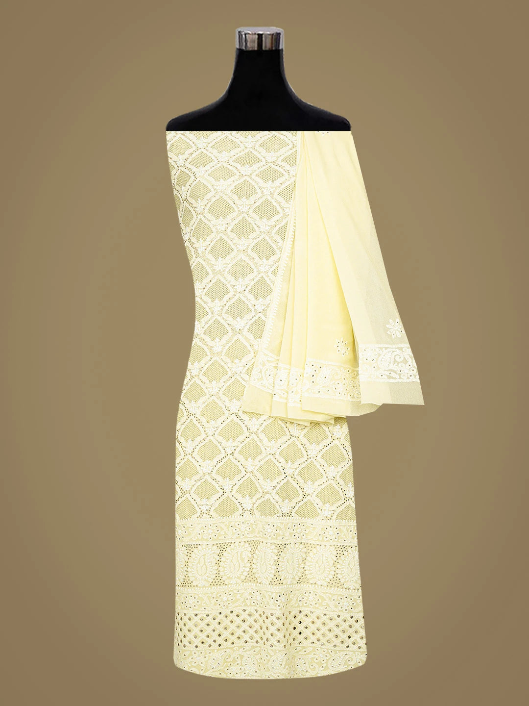 Ada Hand Embroidered Lemon Pure Georgette Lucknowi Chikankari Unstitched Kurta Dupatta Set With Muqaish Work 01A808608