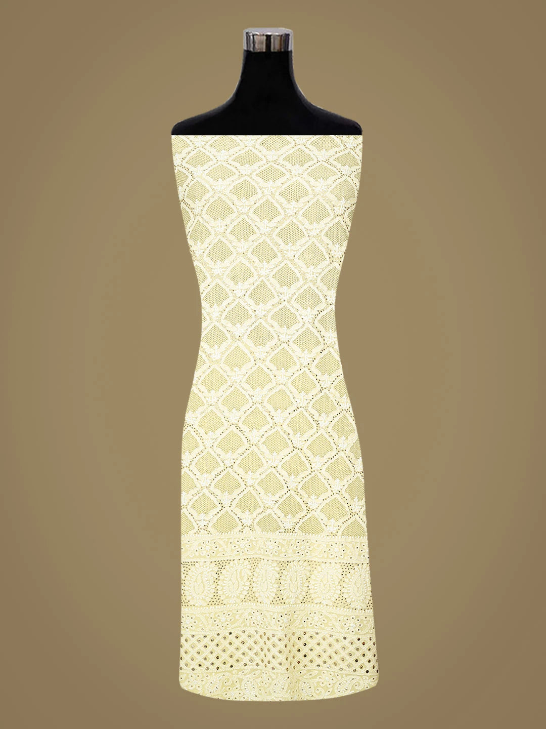 Ada Hand Embroidered Lemon Pure Georgette Lucknowi Chikankari Unstitched Kurta Dupatta Set With Muqaish Work 01A808608