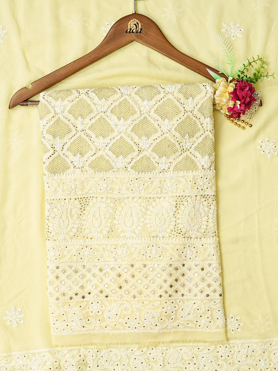 Ada Hand Embroidered Lemon Pure Georgette Lucknowi Chikankari Unstitched Kurta Dupatta Set With Muqaish Work 01A808608