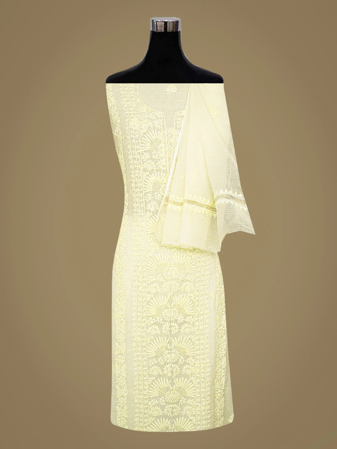 Ada Hand Embroidered Lemon Kota Lucknowi Chikankari Unstitched Suit Piece With Cutdana Work 01A825292