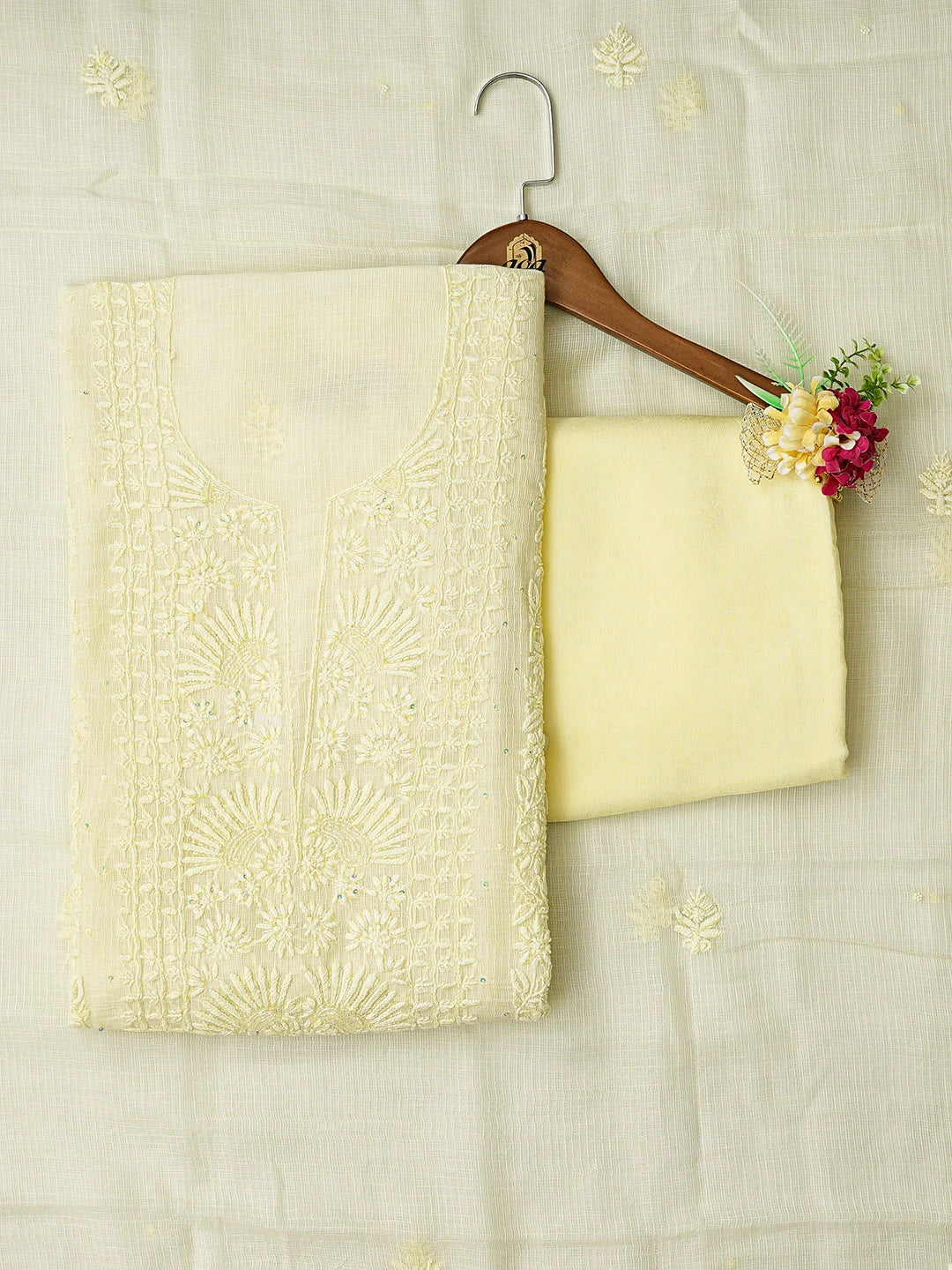 Ada Hand Embroidered Lemon Kota Lucknowi Chikankari Unstitched Suit Piece With Cutdana Work 01A825292