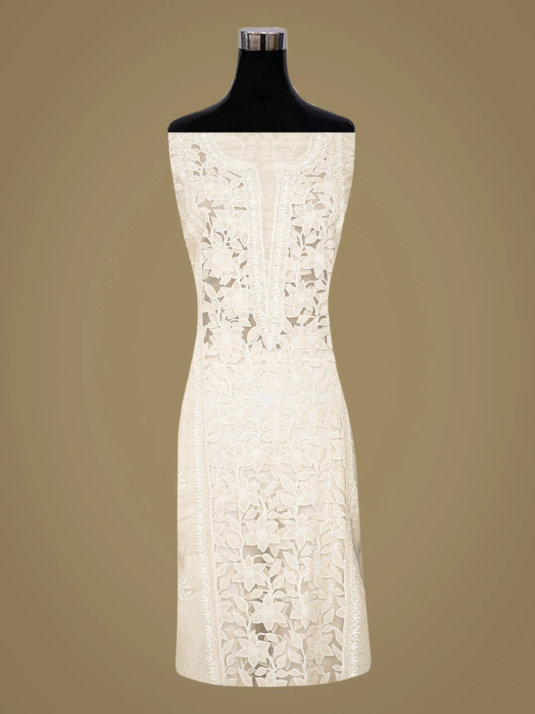 Ada Hand Embroidered Bone Brown Cotton Lucknowi Chikankari Semi-Stitched Kurta Dupatta Set 01A857082