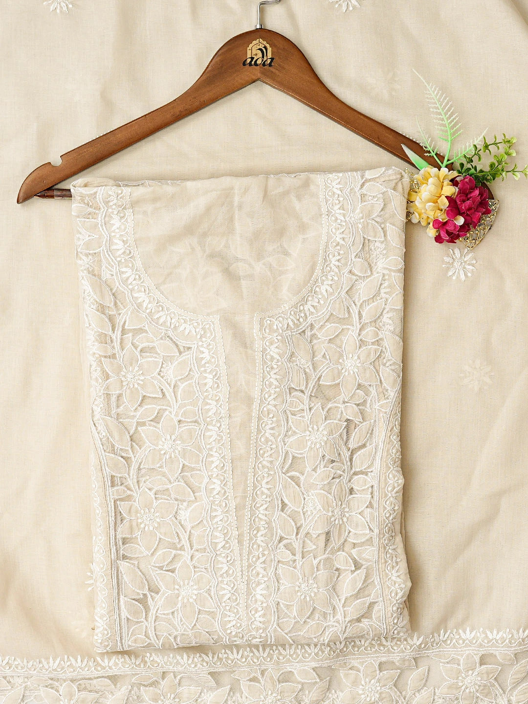 Ada Hand Embroidered Bone Brown Cotton Lucknowi Chikankari Semi-Stitched Kurta Dupatta Set 01A857082