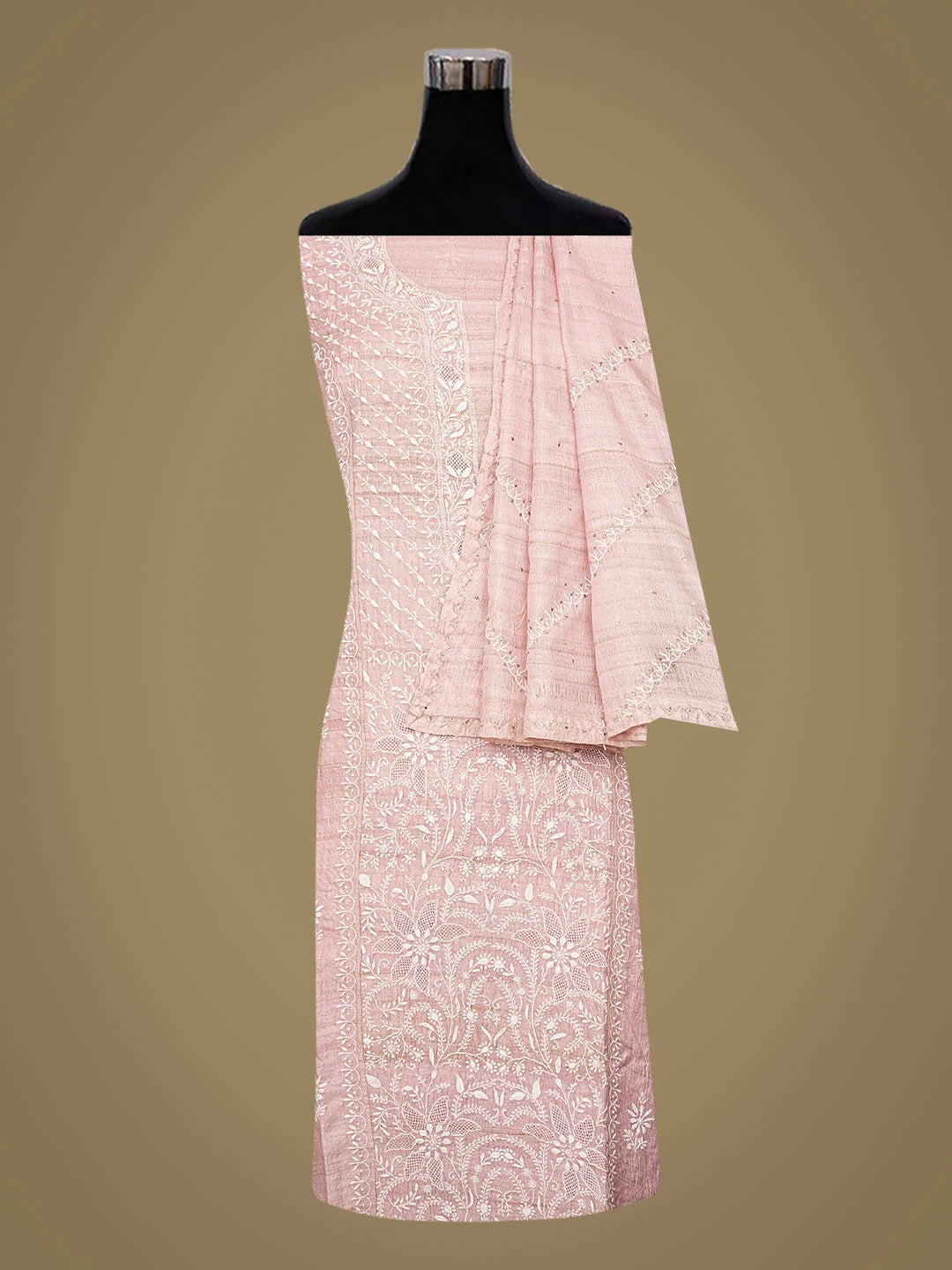 Ada Hand Embroidered Dusty Pink Silk Lucknowi Chikankari Semi-Stitched Kurta Dupatta Set 01A744268