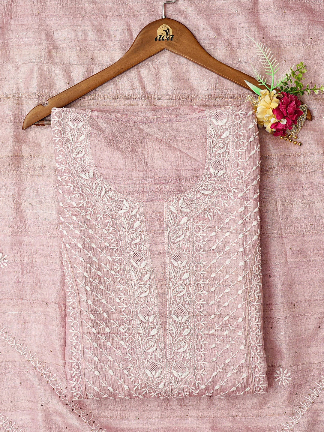 Ada Hand Embroidered Dusty Pink Silk Lucknowi Chikankari Semi-Stitched Kurta Dupatta Set 01A744268
