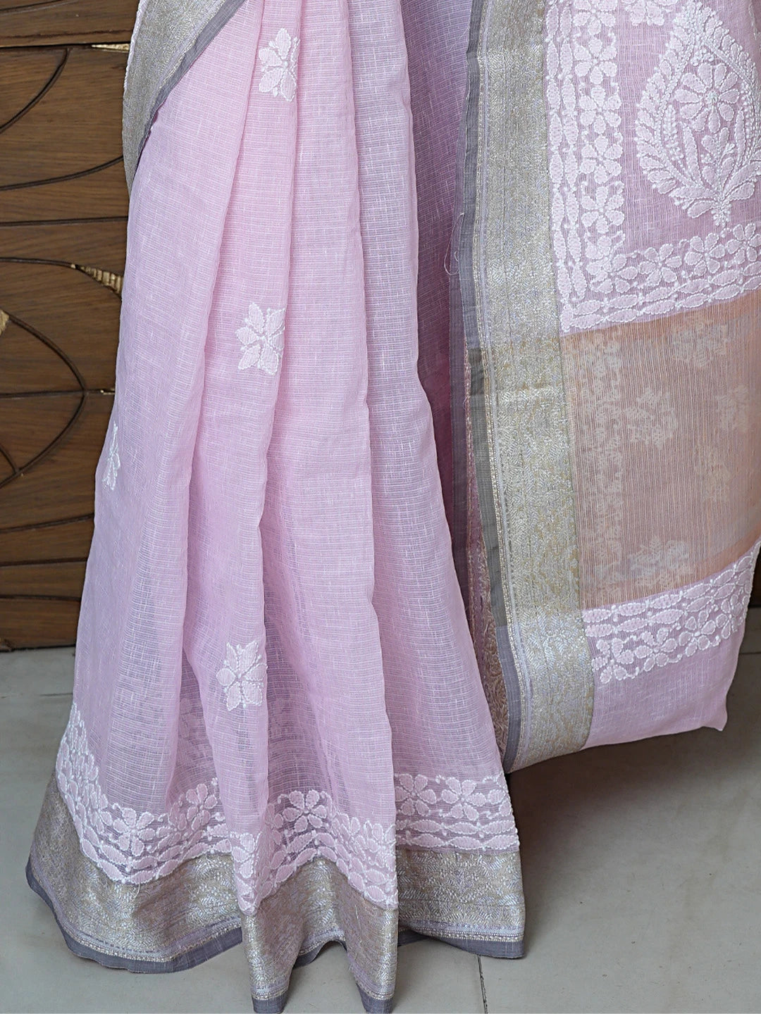 Ada Hand Embroidered Pink Chanderi Lucknowi Chikankari Saree With Blouse 01A857667