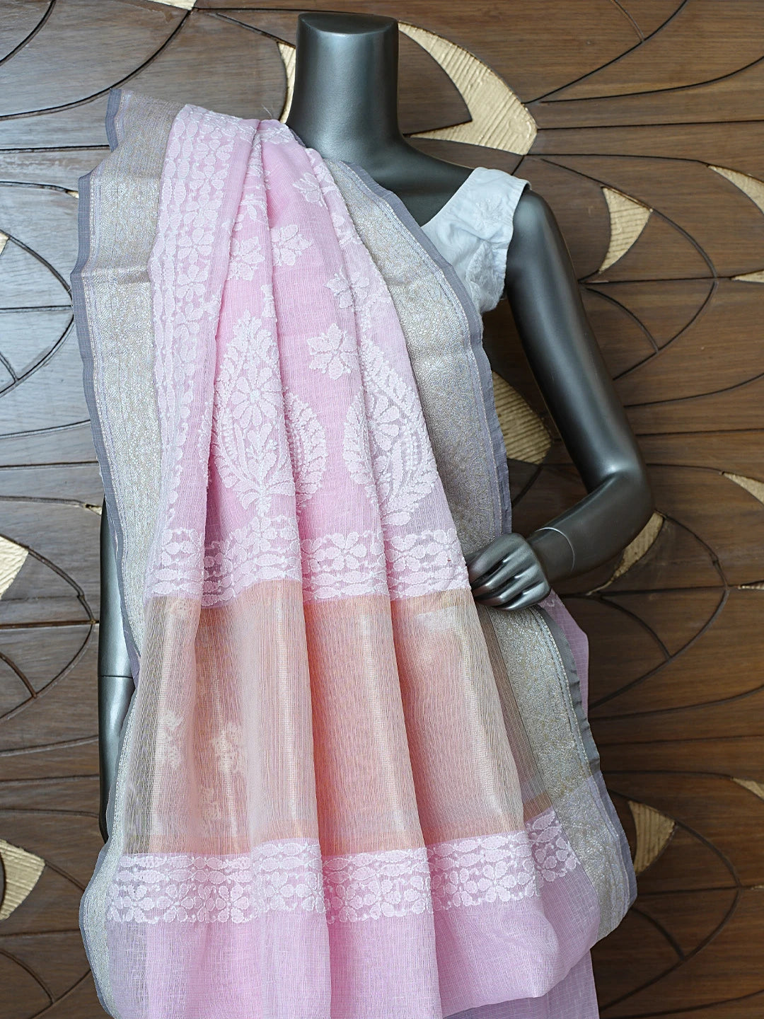 Ada Hand Embroidered Pink Chanderi Lucknowi Chikankari Saree With Blouse 01A857667