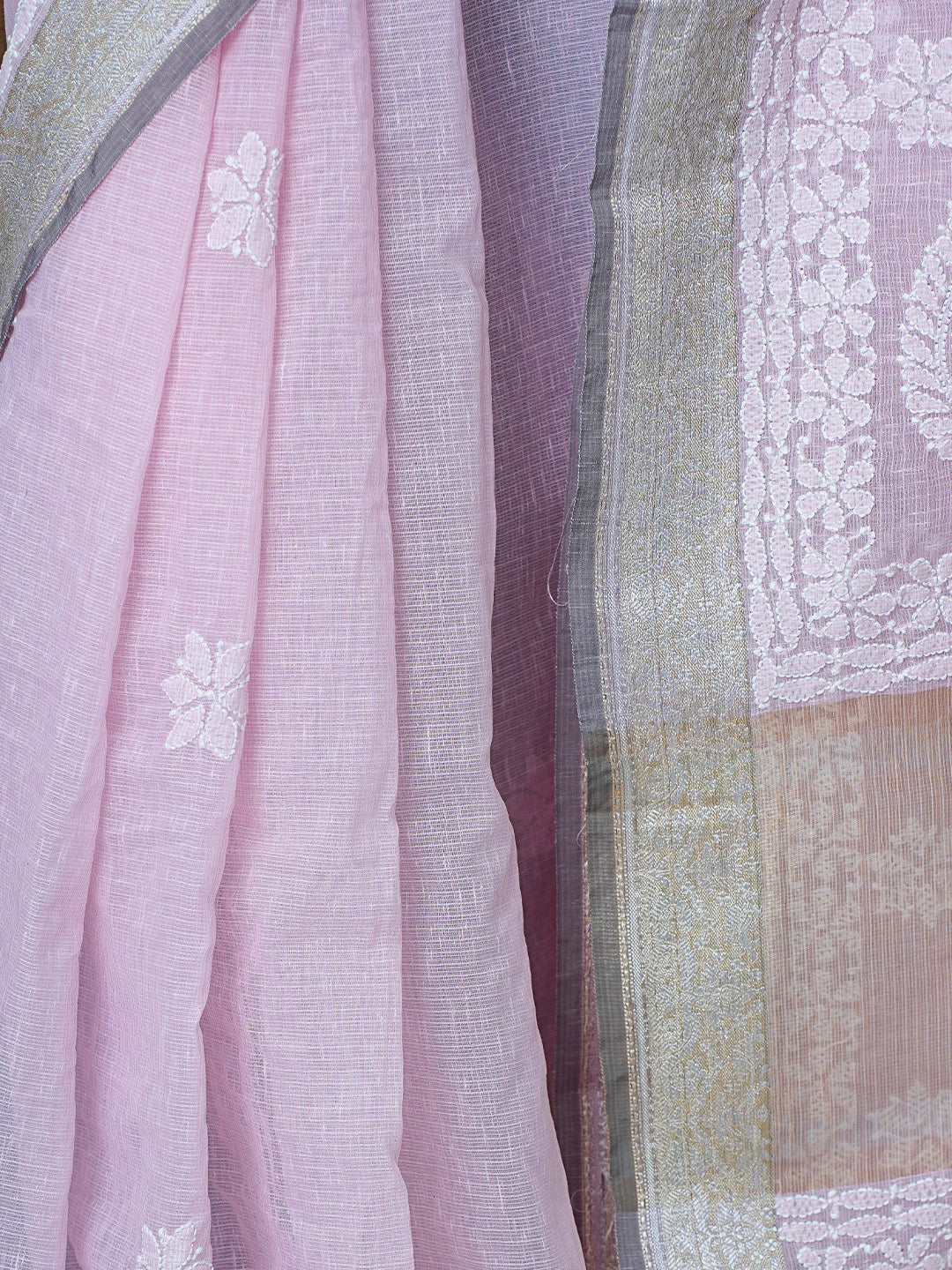 Ada Hand Embroidered Pink Chanderi Lucknowi Chikankari Saree With Blouse 01A857667