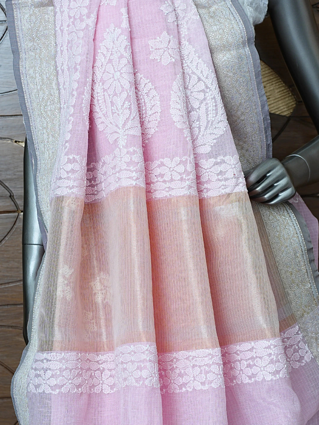 Ada Hand Embroidered Pink Chanderi Lucknowi Chikankari Saree With Blouse 01A857667