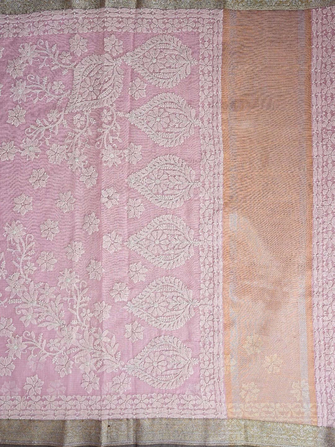 Ada Hand Embroidered Pink Chanderi Lucknowi Chikankari Saree With Blouse 01A857667