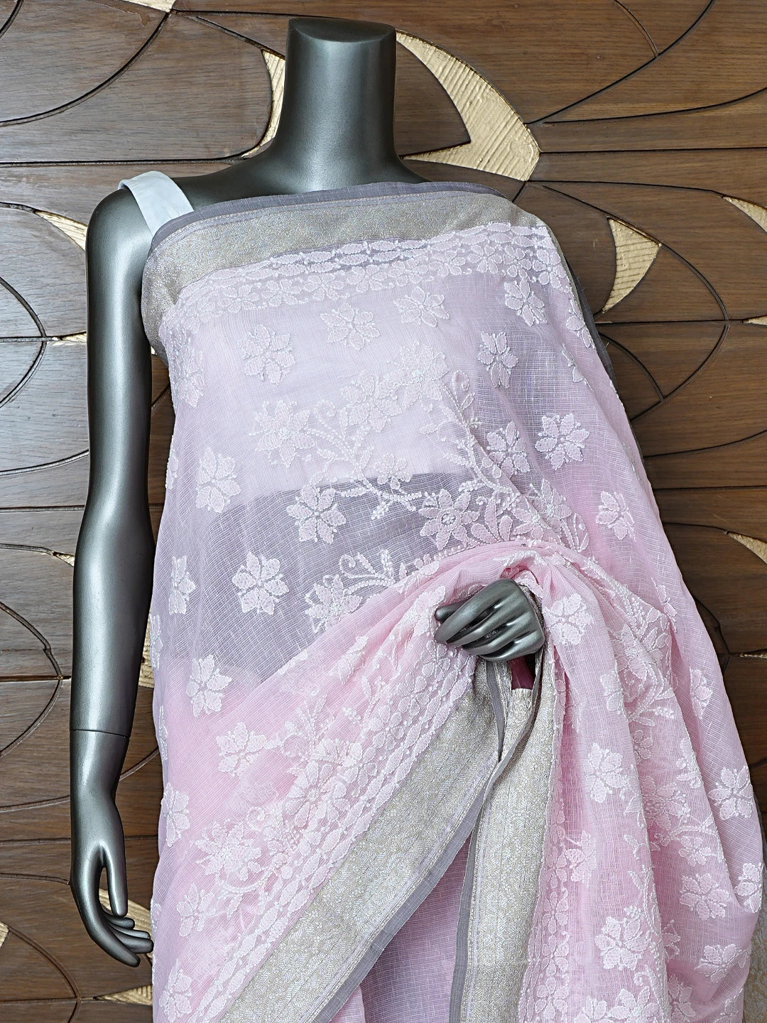 Ada Hand Embroidered Pink Chanderi Lucknowi Chikankari Saree With Blouse 01A857667