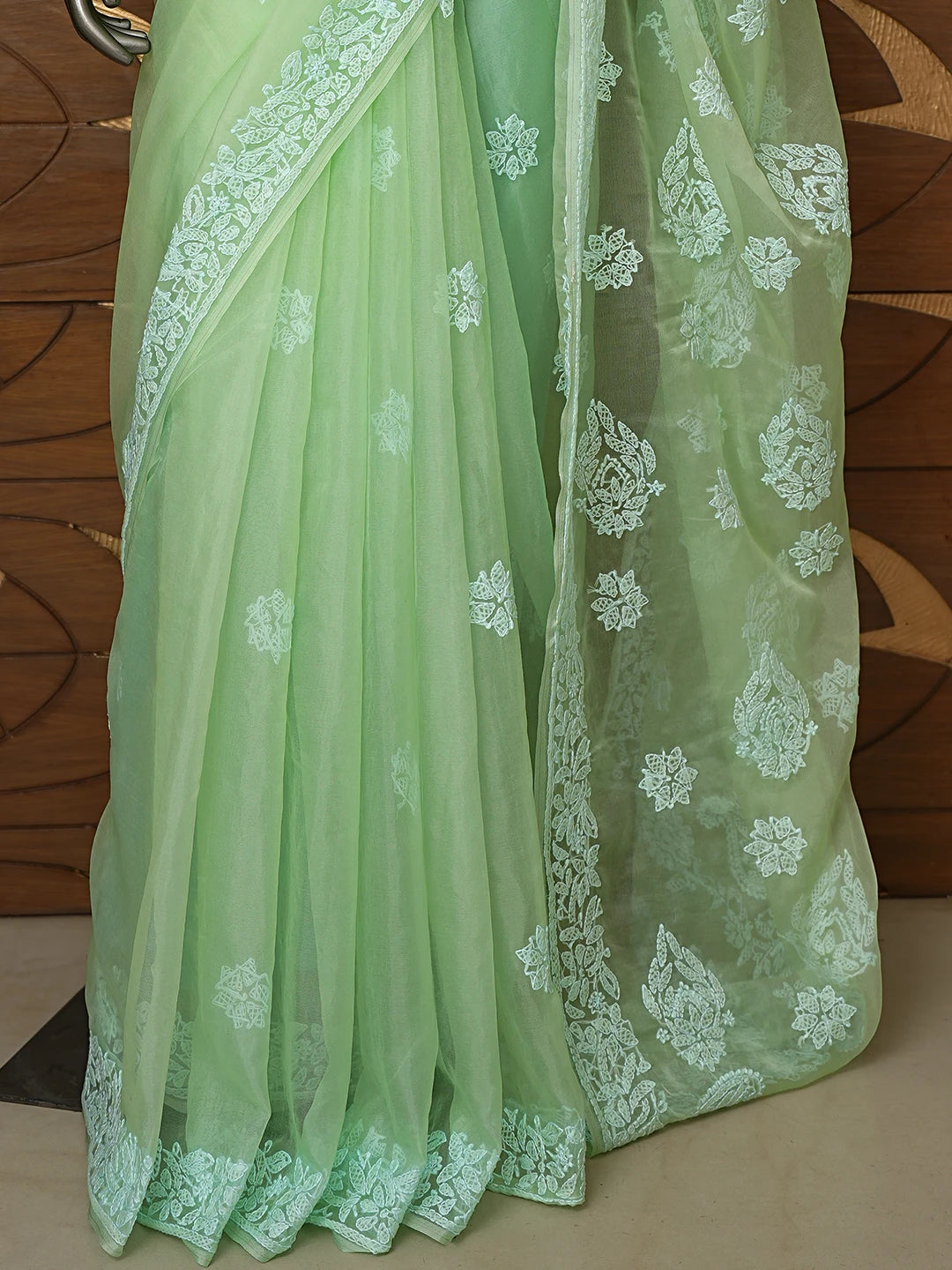 Ada Hand Embroidered Pistachio Green Organza Lucknowi Chikankari Saree With Blouse 01A818230