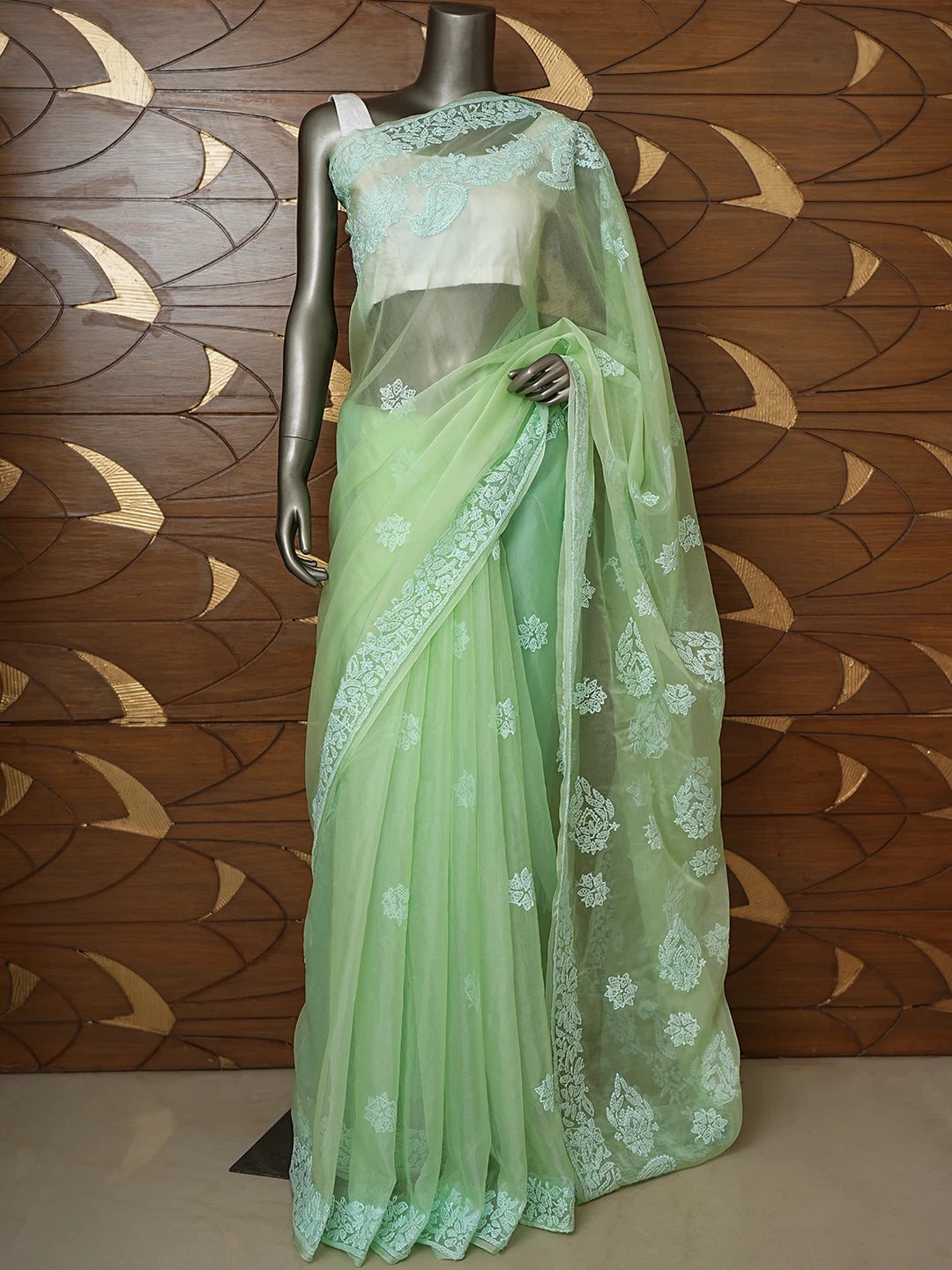 Ada Hand Embroidered Pistachio Green Organza Lucknowi Chikankari Saree With Blouse 01A818230