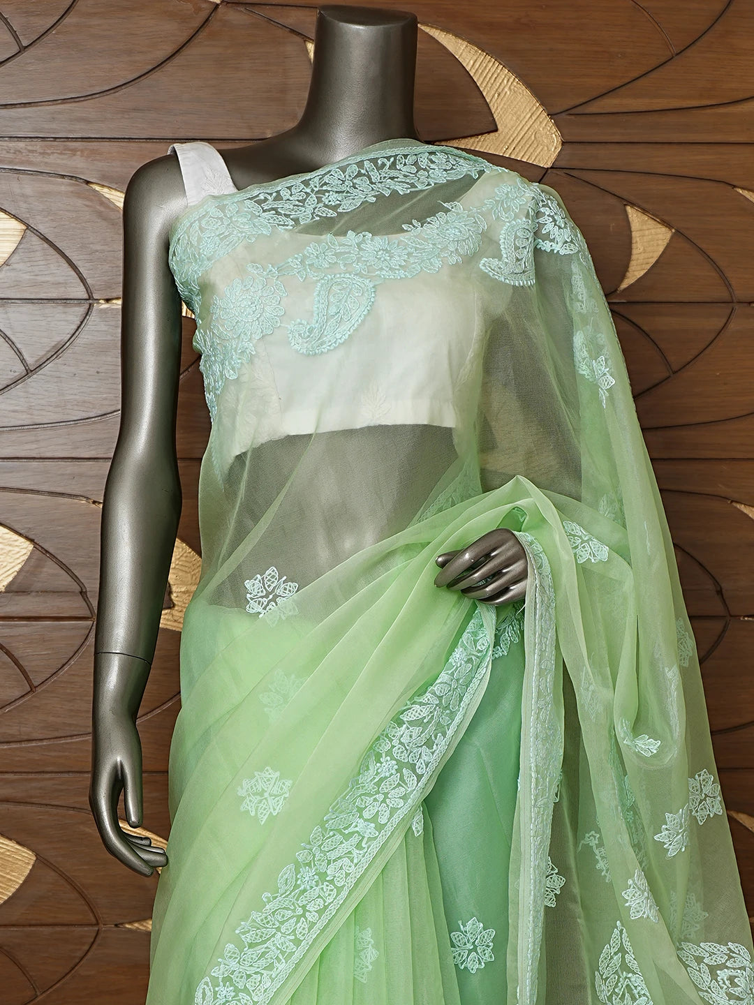 Ada Hand Embroidered Pistachio Green Organza Lucknowi Chikankari Saree With Blouse 01A818230