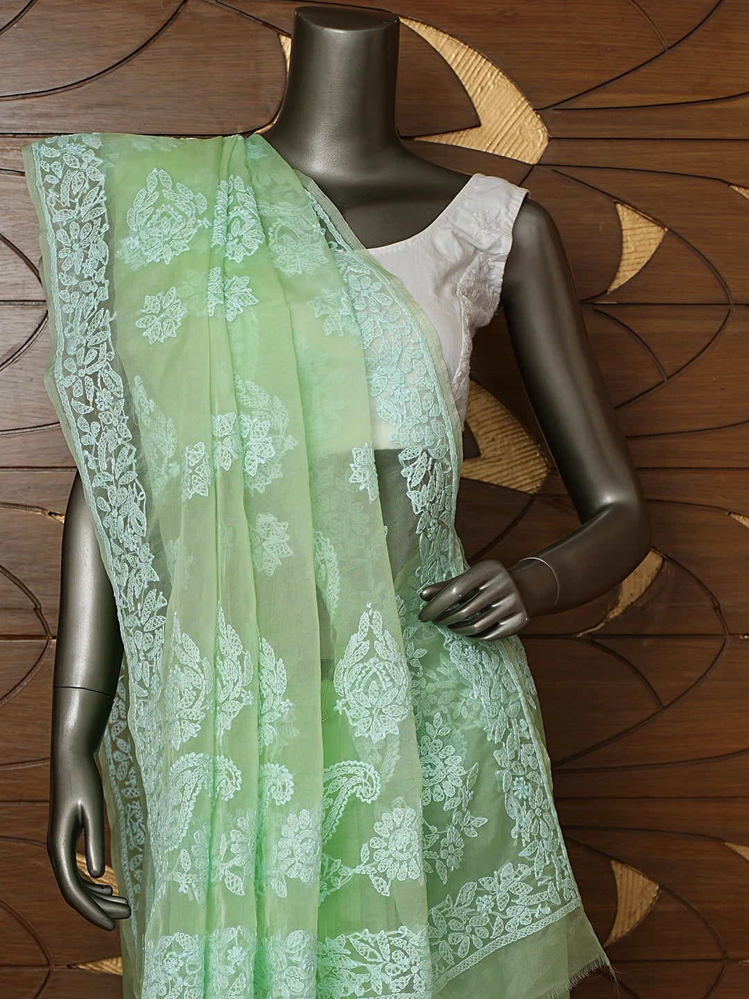 Ada Hand Embroidered Pistachio Green Organza Lucknowi Chikankari Saree With Blouse 01A818230