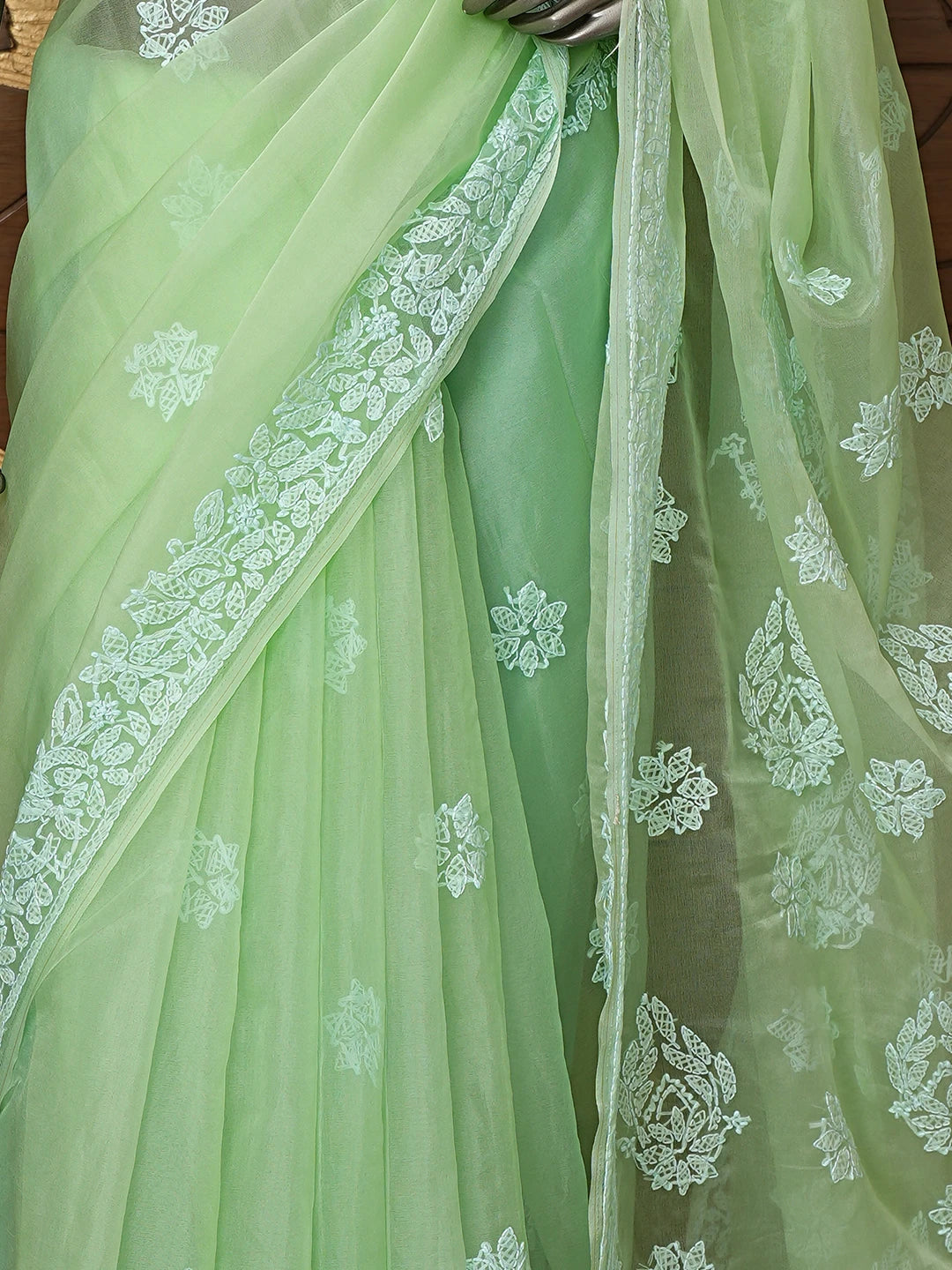 Ada Hand Embroidered Pistachio Green Organza Lucknowi Chikankari Saree With Blouse 01A818230