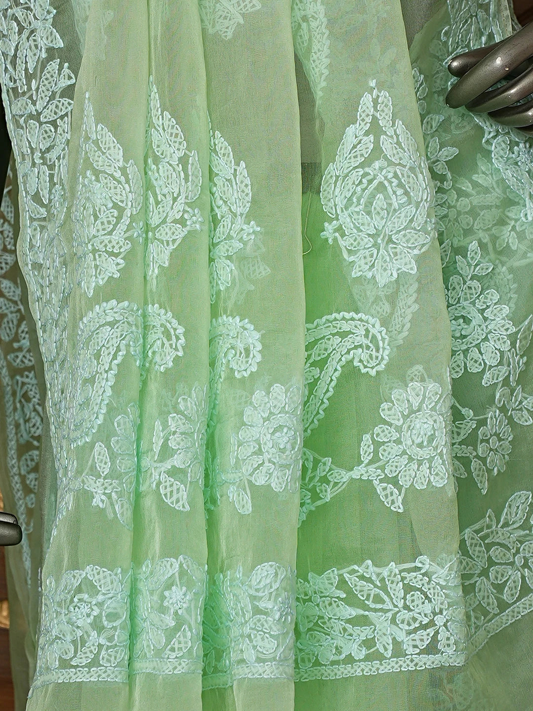 Ada Hand Embroidered Pistachio Green Organza Lucknowi Chikankari Saree With Blouse 01A818230