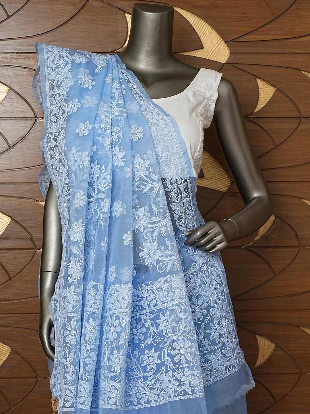Ada Hand Embroidered Neon Blue Organza Lucknowi Chikankari Saree With Blouse 01A794154