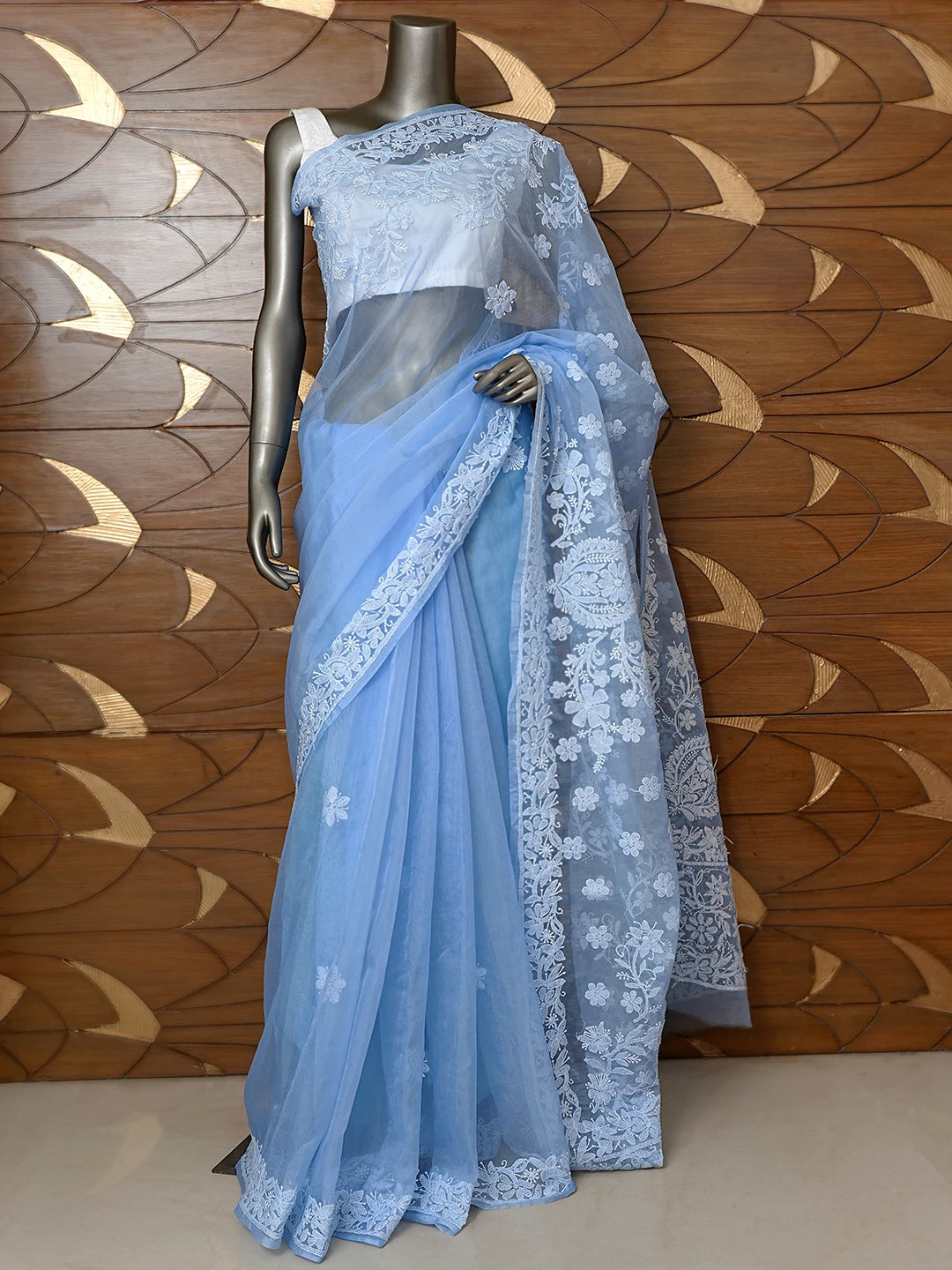 Ada Hand Embroidered Neon Blue Organza Lucknowi Chikankari Saree With Blouse 01A794154