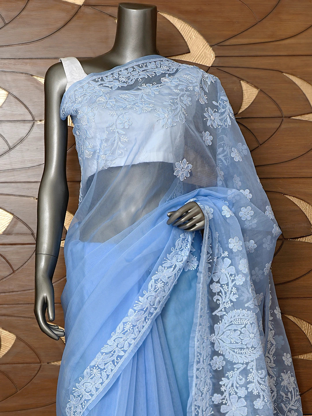 Ada Hand Embroidered Neon Blue Organza Lucknowi Chikankari Saree With Blouse 01A794154