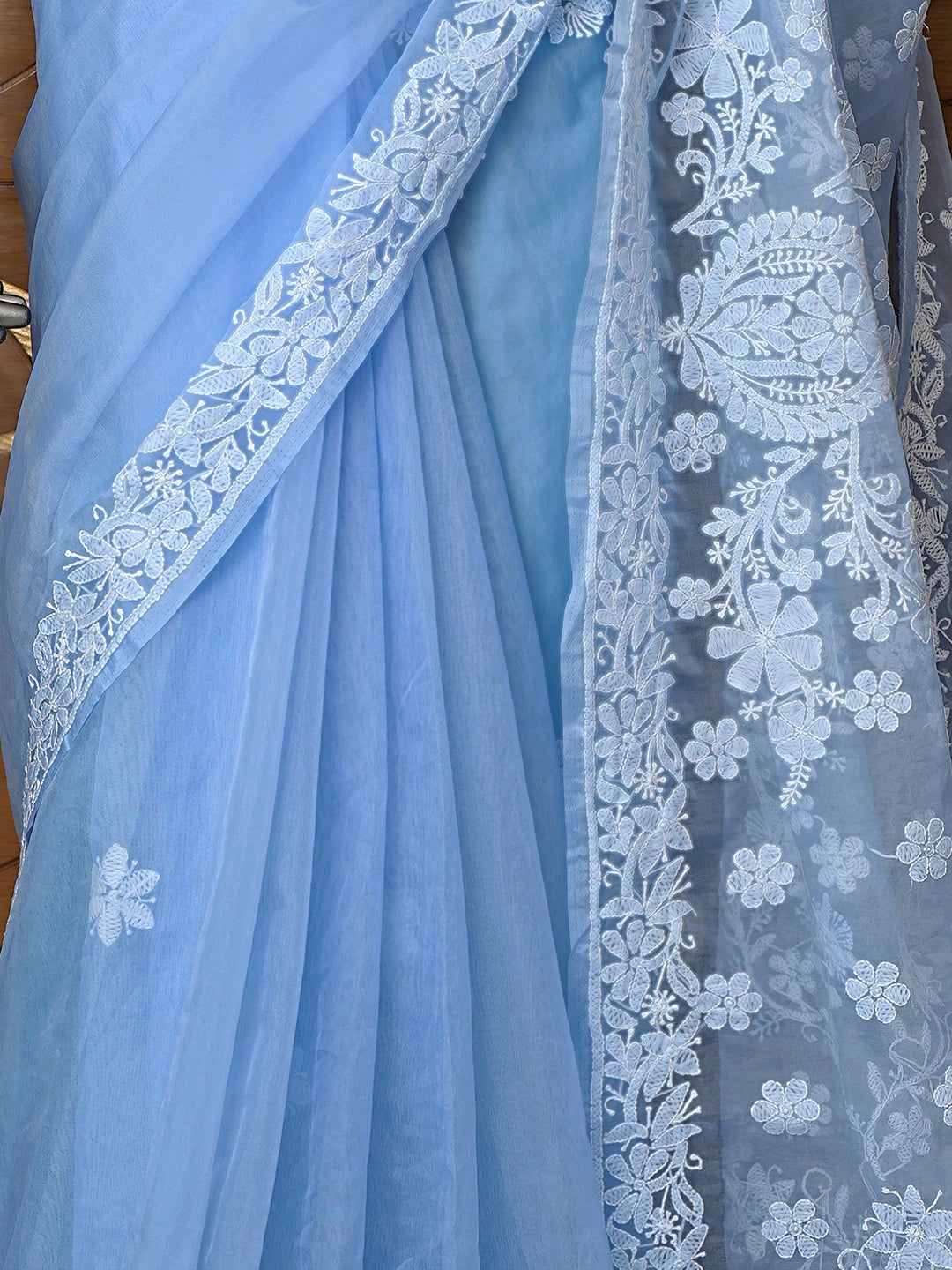 Ada Hand Embroidered Neon Blue Organza Lucknowi Chikankari Saree With Blouse 01A794154