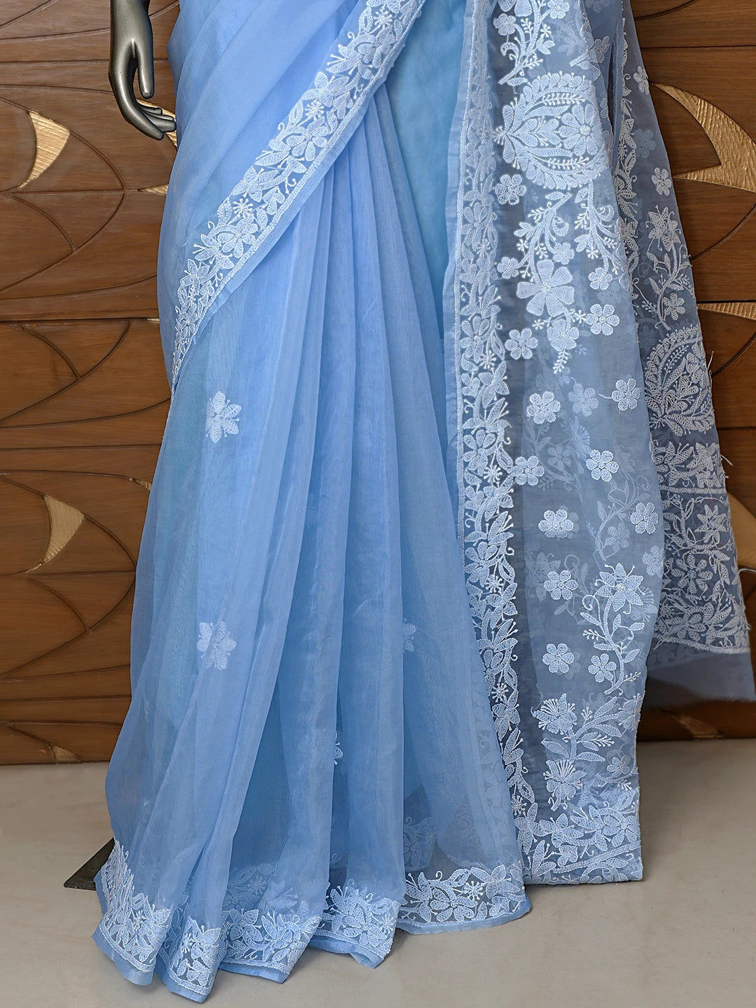 Ada Hand Embroidered Neon Blue Organza Lucknowi Chikankari Saree With Blouse 01A794154