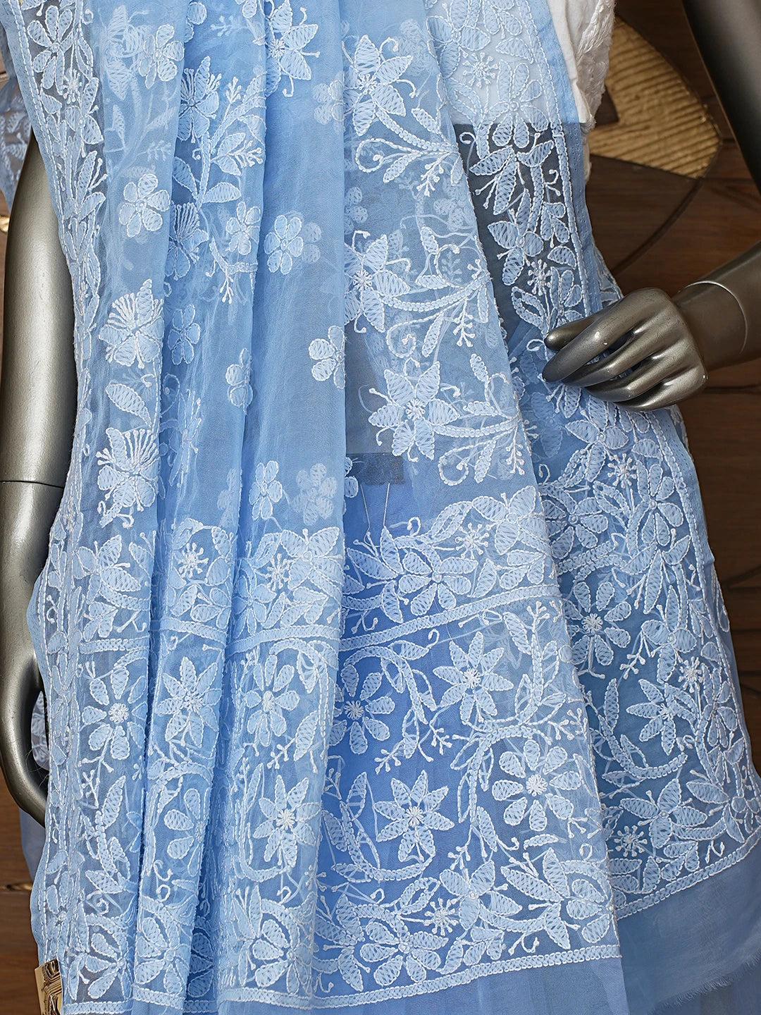 Ada Hand Embroidered Neon Blue Organza Lucknowi Chikankari Saree With Blouse 01A794154
