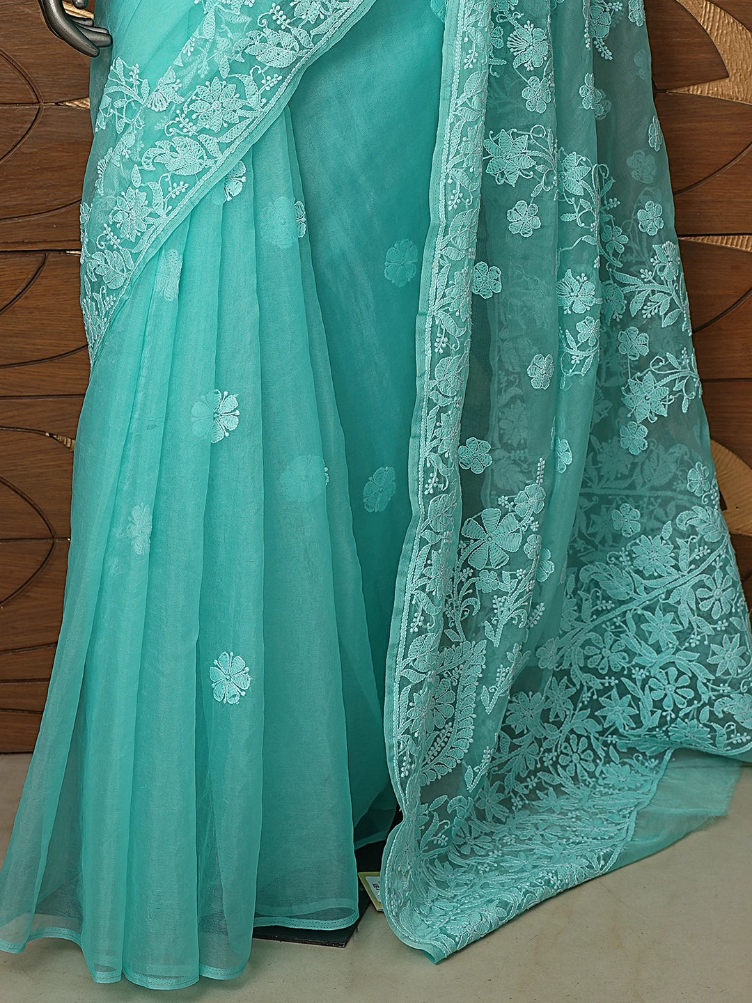 Ada Hand Embroidered Sea Green Organza Lucknowi Chikankari Saree With Blouse 01A794135