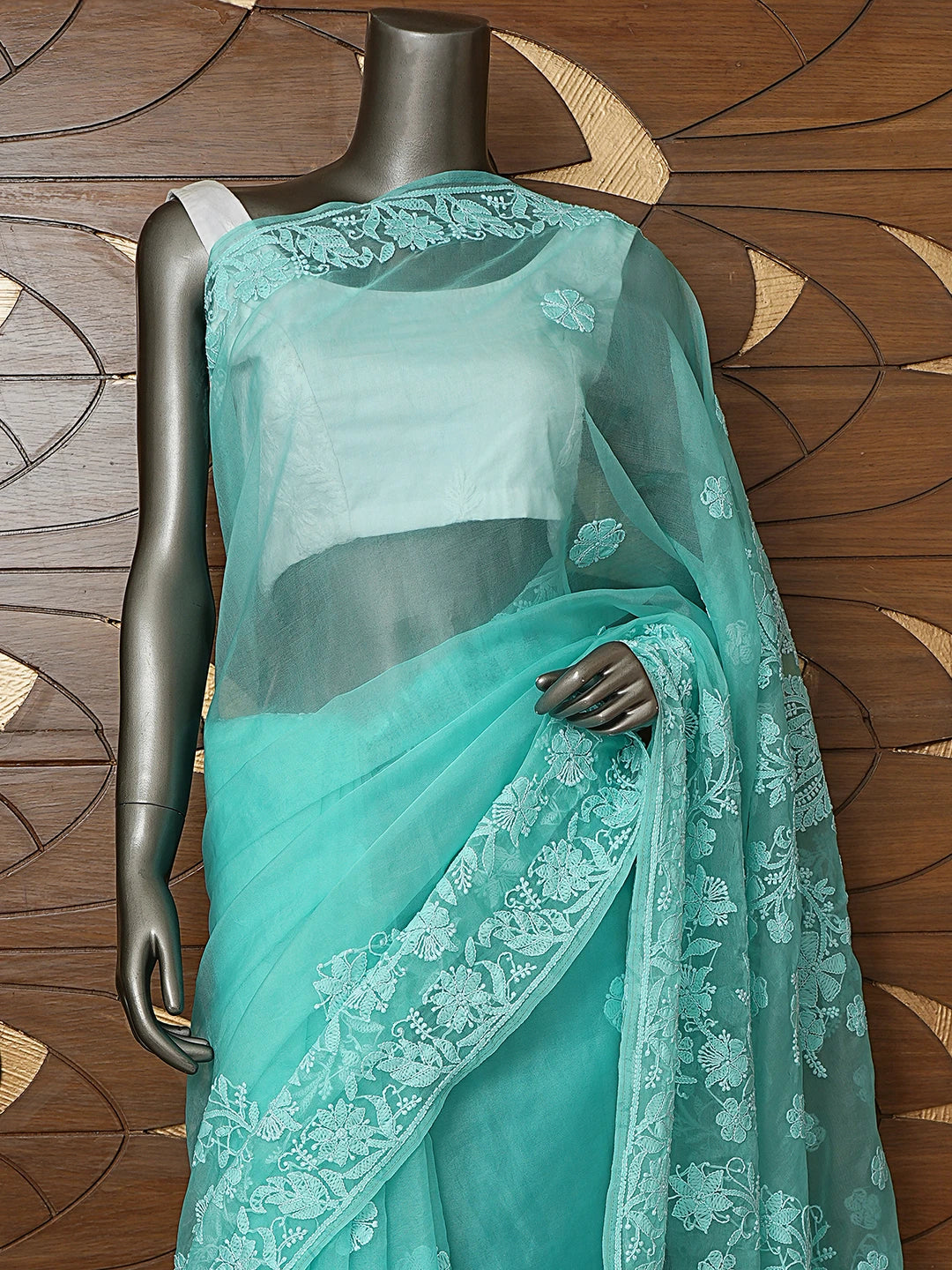 Ada Hand Embroidered Sea Green Organza Lucknowi Chikankari Saree With Blouse 01A794135