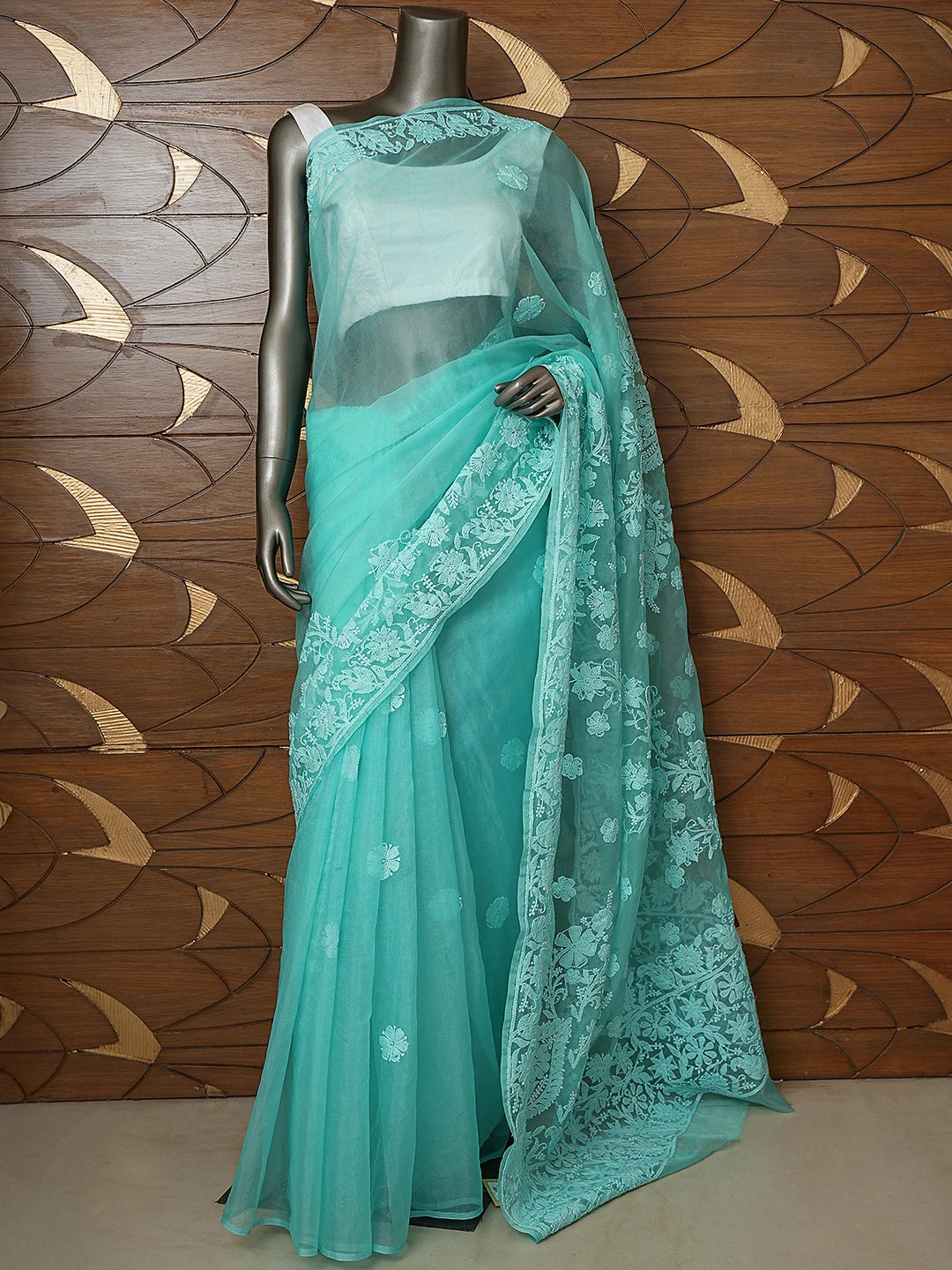 Ada Hand Embroidered Sea Green Organza Lucknowi Chikankari Saree With Blouse 01A794135