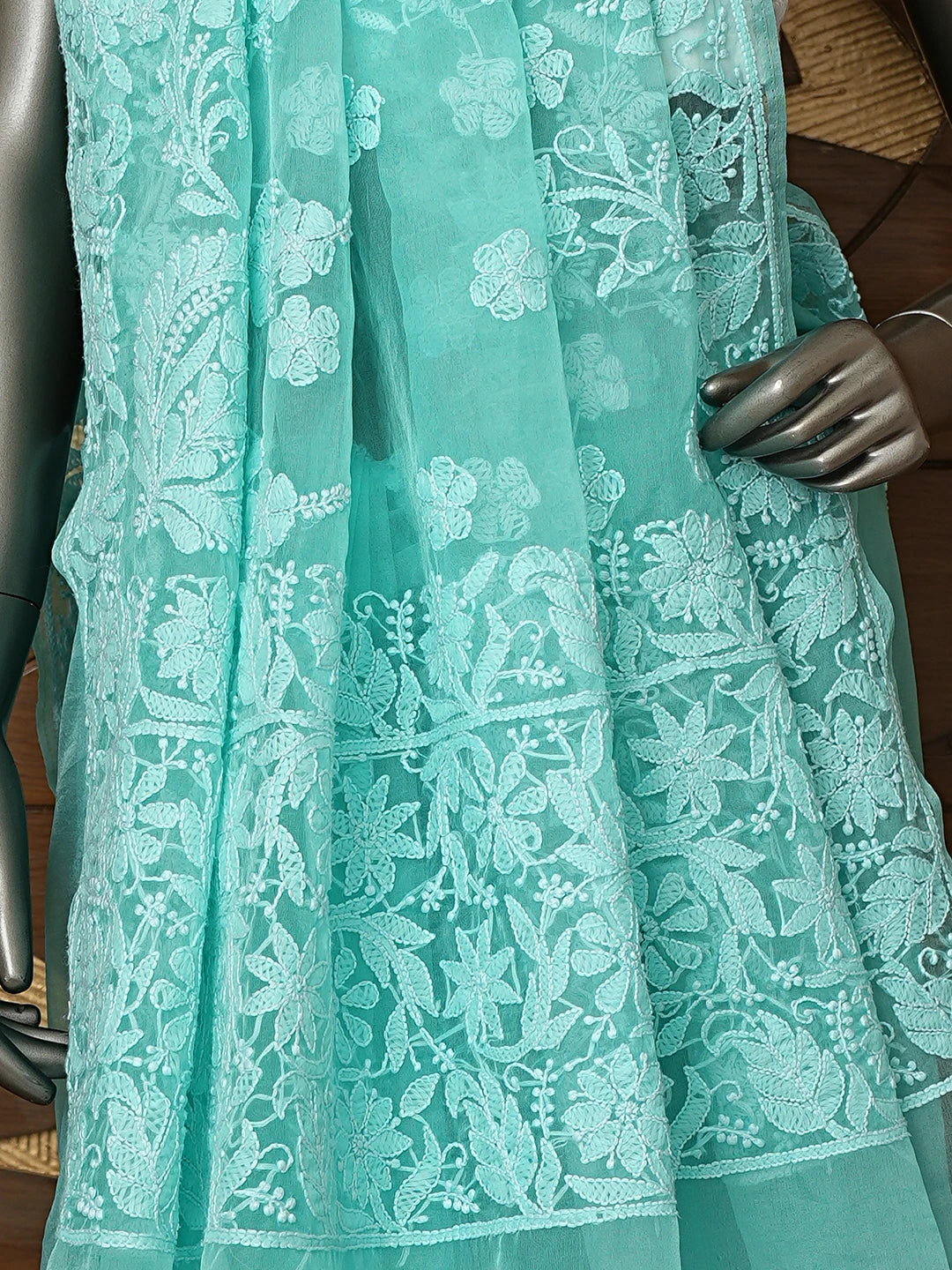 Ada Hand Embroidered Sea Green Organza Lucknowi Chikankari Saree With Blouse 01A794135