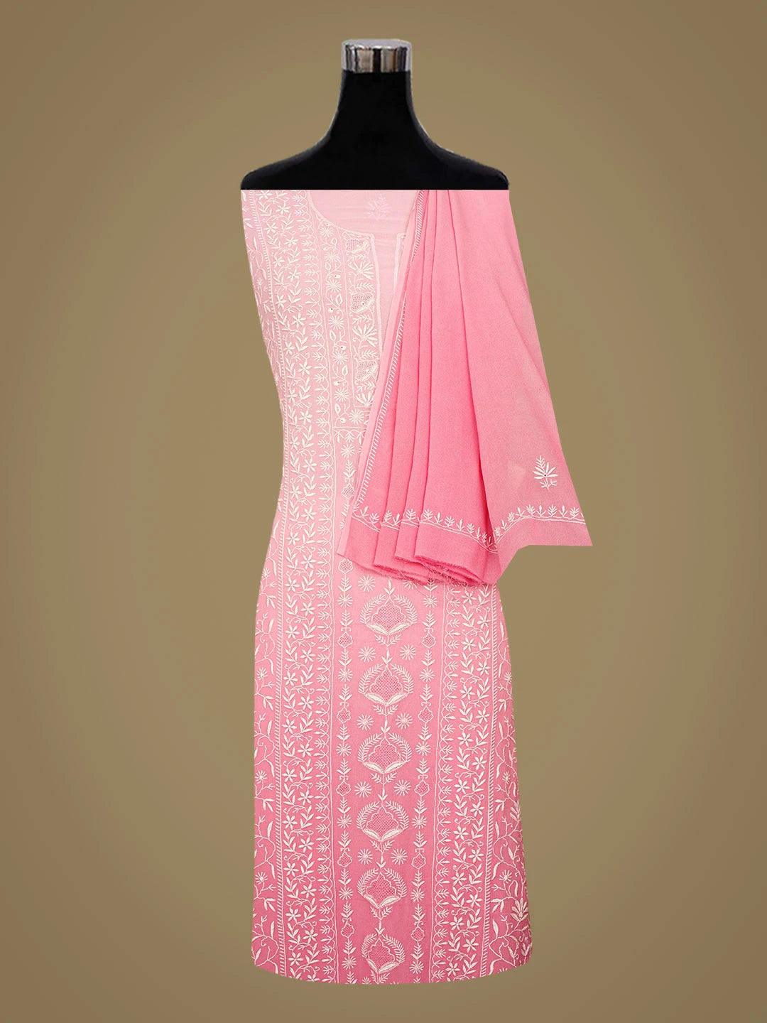 Ada Hand Embroidered Pink Viscose Georgette Lucknowi Chikankari Unstitched Kurta Dupatta Set 01A843858