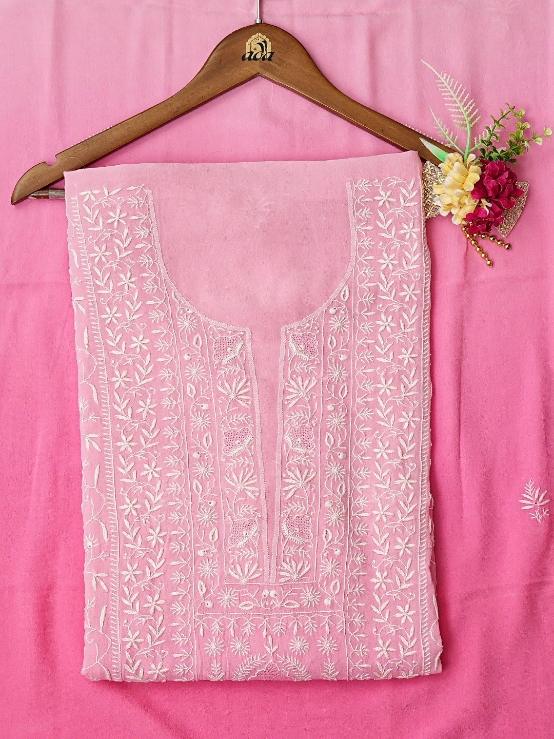 Ada Hand Embroidered Pink Viscose Georgette Lucknowi Chikankari Unstitched Kurta Dupatta Set 01A843858