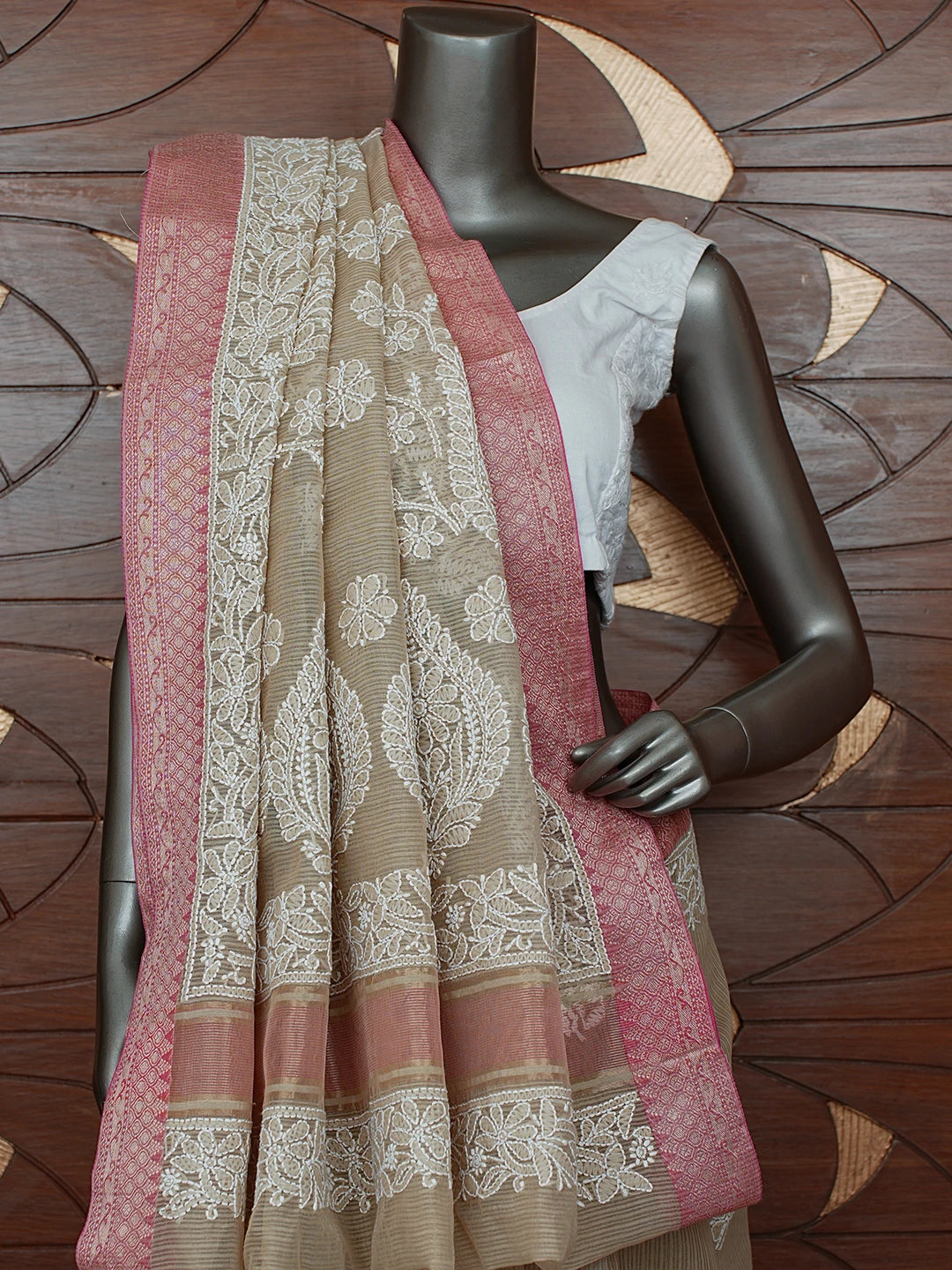 Ada Hand Embroidered Fawn Chanderi Lucknowi Chikankari Saree With Blouse 01A857760