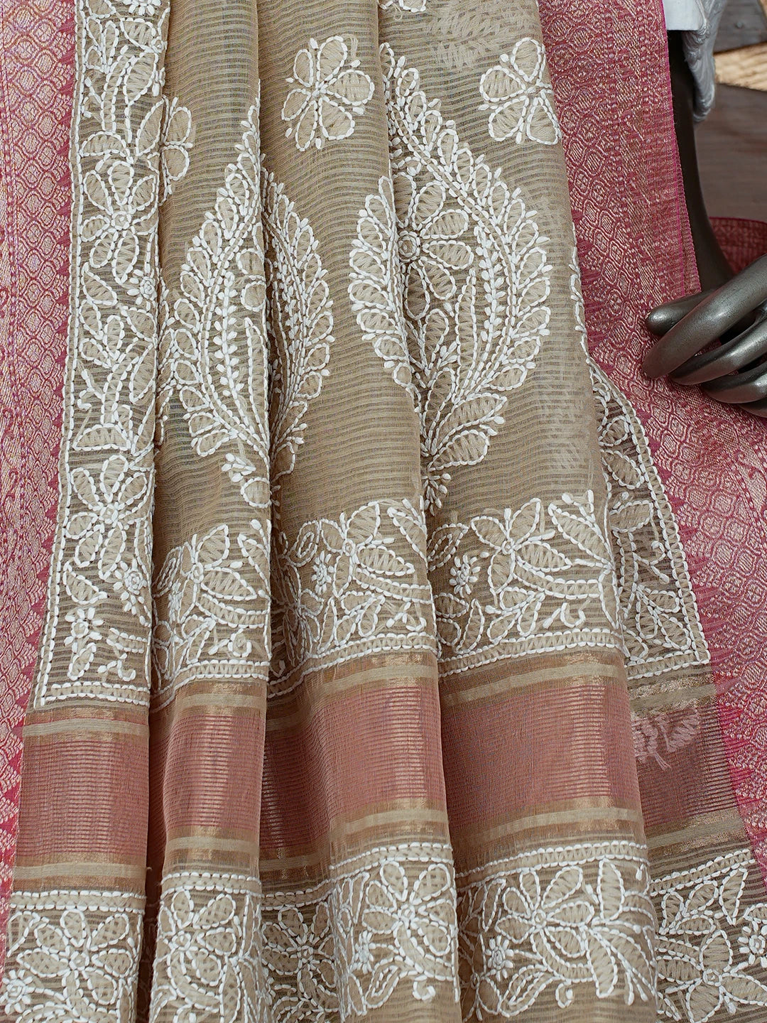 Ada Hand Embroidered Fawn Chanderi Lucknowi Chikankari Saree With Blouse 01A857760