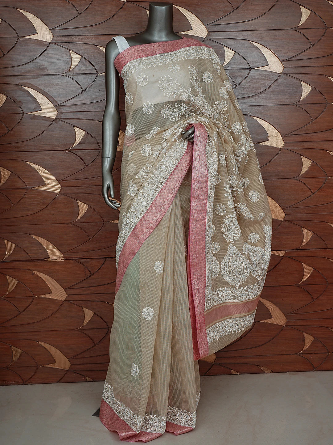 Ada Hand Embroidered Fawn Chanderi Lucknowi Chikankari Saree With Blouse 01A857760