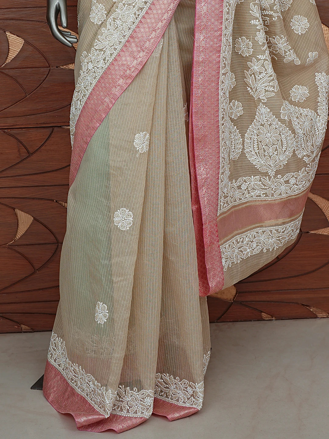 Ada Hand Embroidered Fawn Chanderi Lucknowi Chikankari Saree With Blouse 01A857760