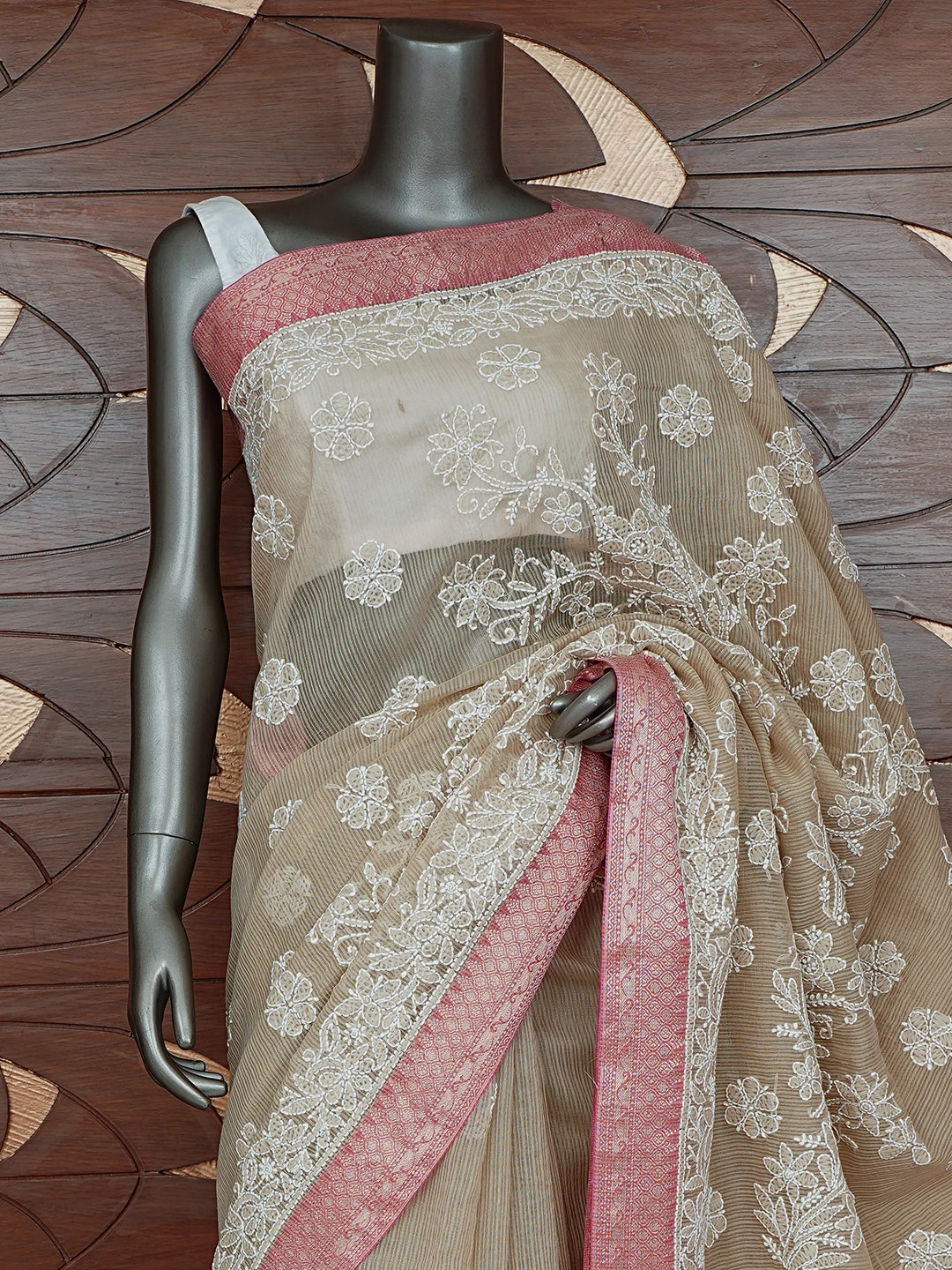 Ada Hand Embroidered Fawn Chanderi Lucknowi Chikankari Saree With Blouse 01A857760