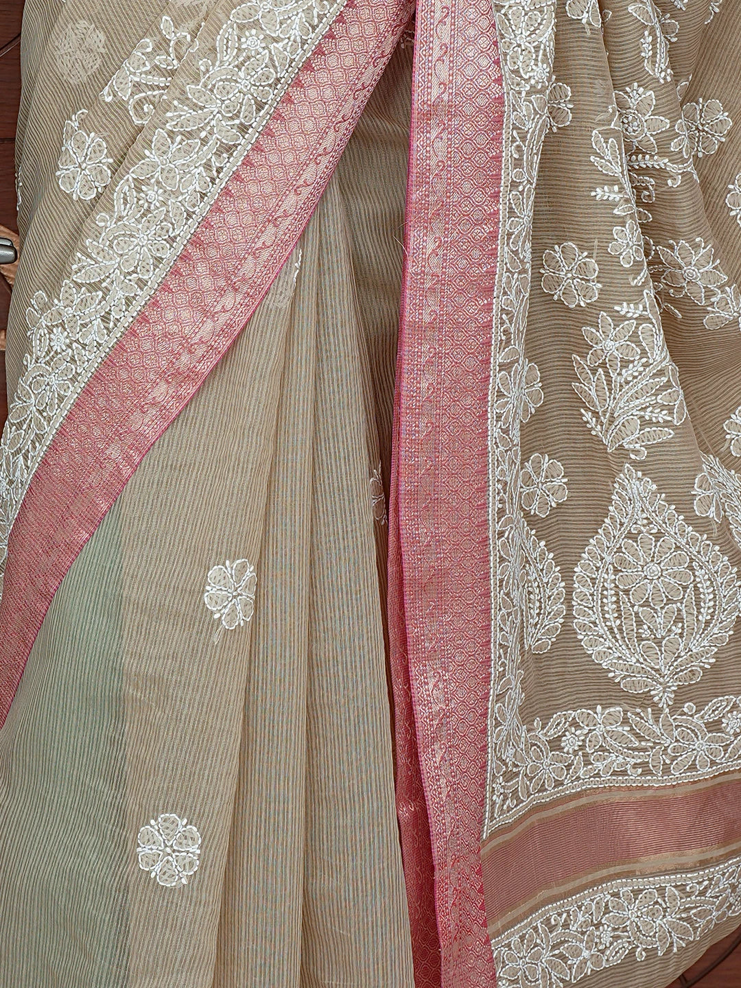 Ada Hand Embroidered Fawn Chanderi Lucknowi Chikankari Saree With Blouse 01A857760