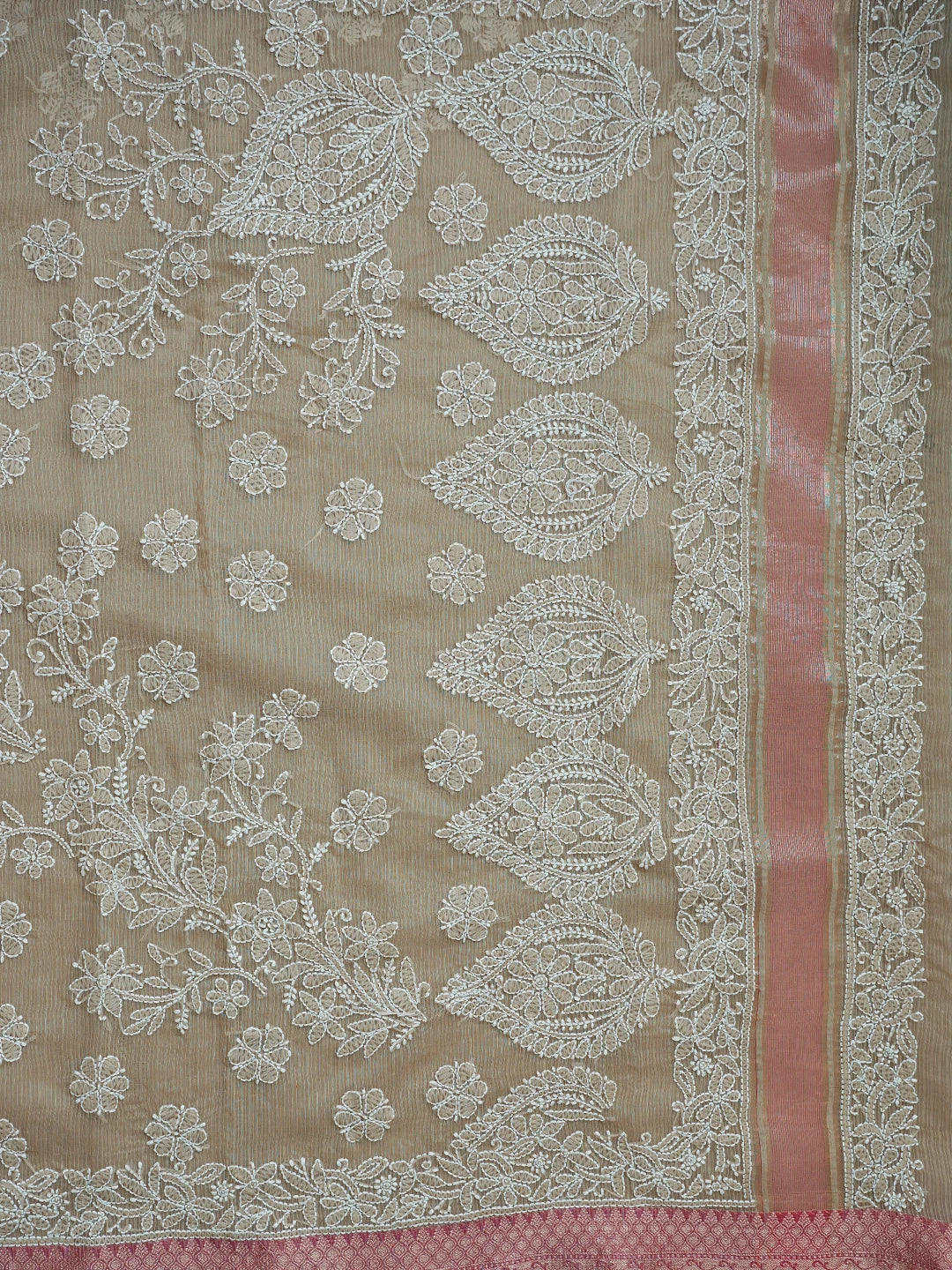 Ada Hand Embroidered Fawn Chanderi Lucknowi Chikankari Saree With Blouse 01A857760
