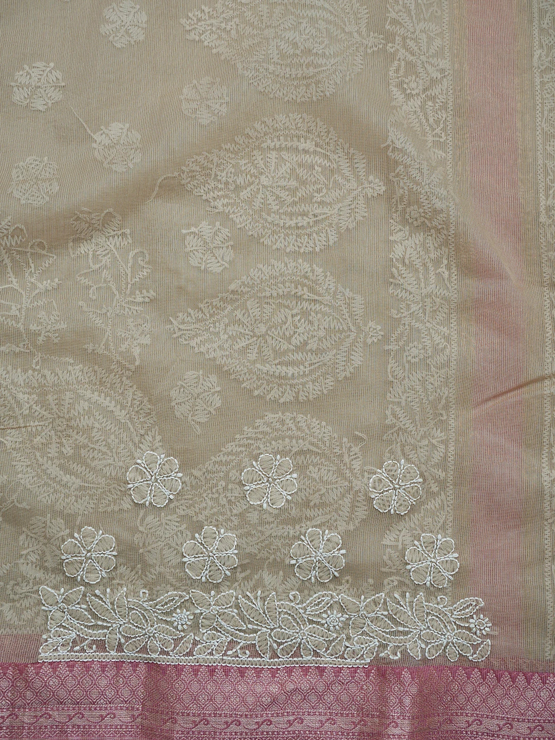 Ada Hand Embroidered Fawn Chanderi Lucknowi Chikankari Saree With Blouse 01A857760