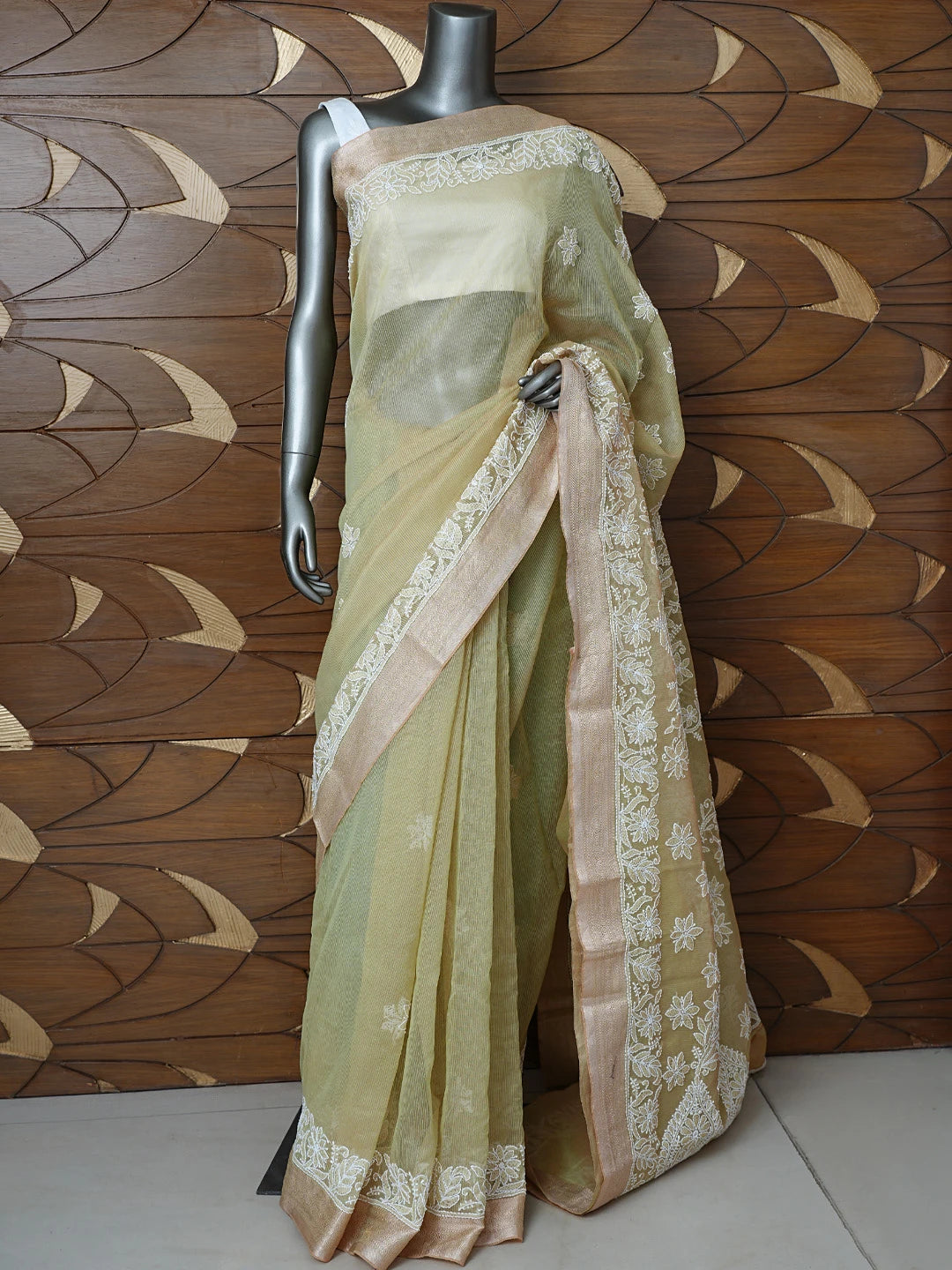 Ada Hand Embroidered Green Chanderi Lucknowi Chikankari Saree With Blouse 01A857663