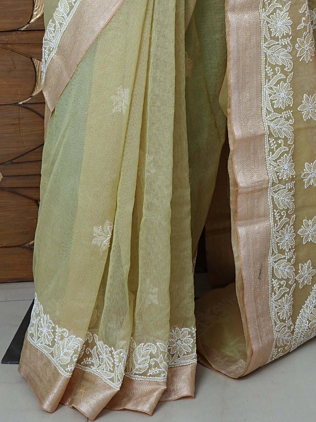 Ada Hand Embroidered Green Chanderi Lucknowi Chikankari Saree With Blouse 01A857663