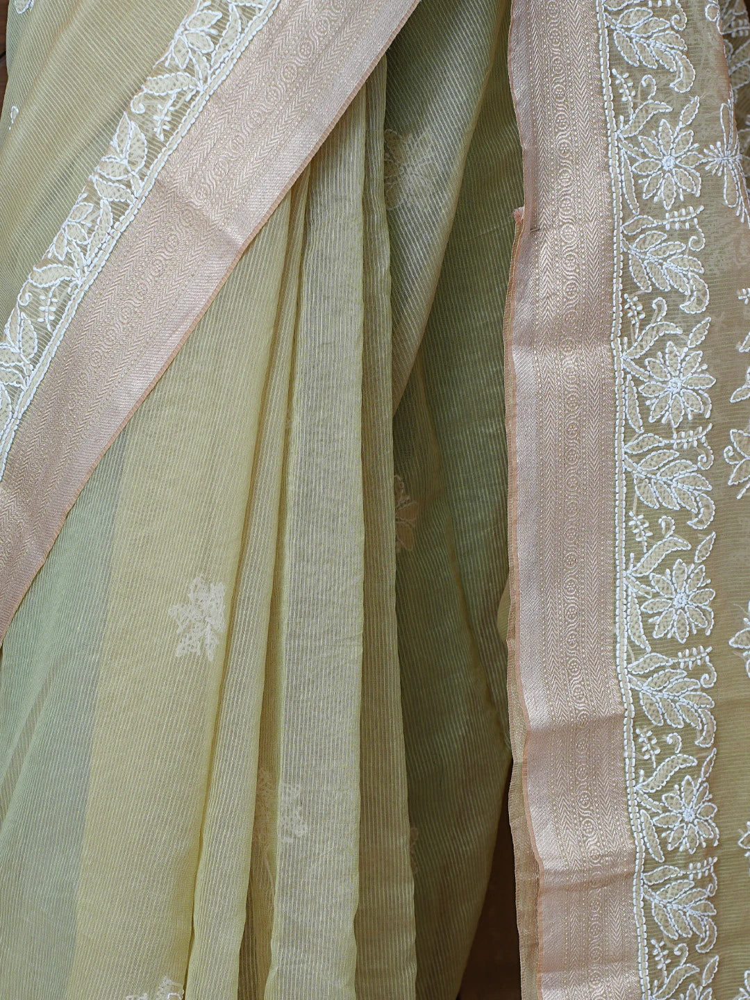 Ada Hand Embroidered Green Chanderi Lucknowi Chikankari Saree With Blouse 01A857663