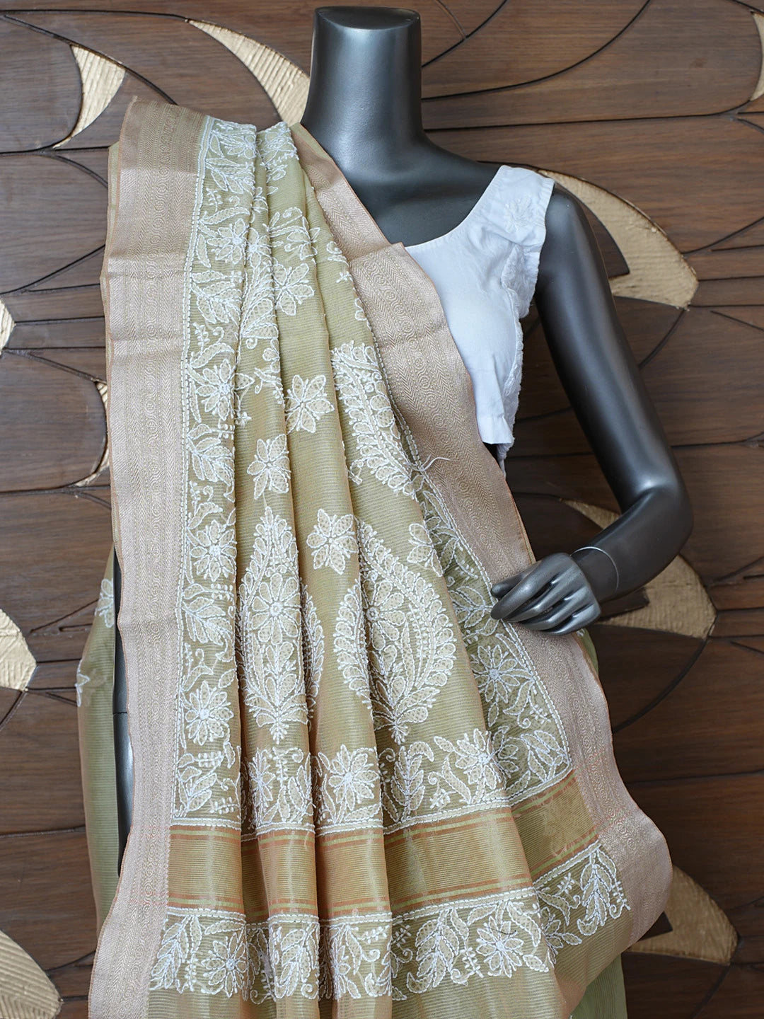 Ada Hand Embroidered Green Chanderi Lucknowi Chikankari Saree With Blouse 01A857663