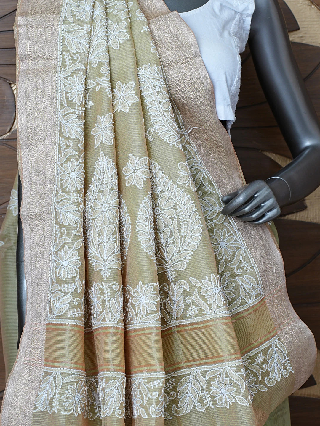 Ada Hand Embroidered Green Chanderi Lucknowi Chikankari Saree With Blouse 01A857663